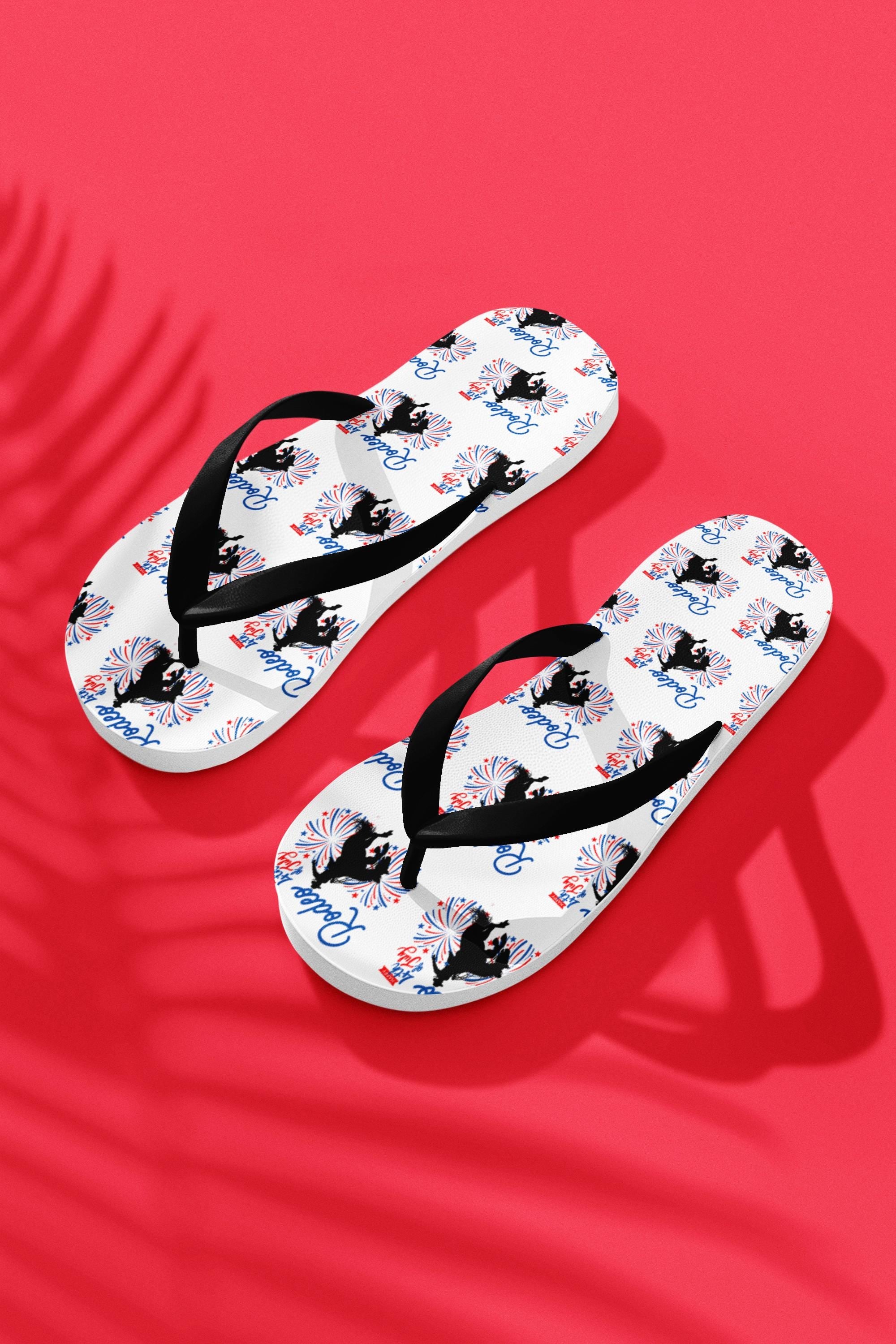 4th of July Flip Flops, Patriotic Sandals, Red White and Blue Bronc Rider Western Sandals for Men & Women -Razels