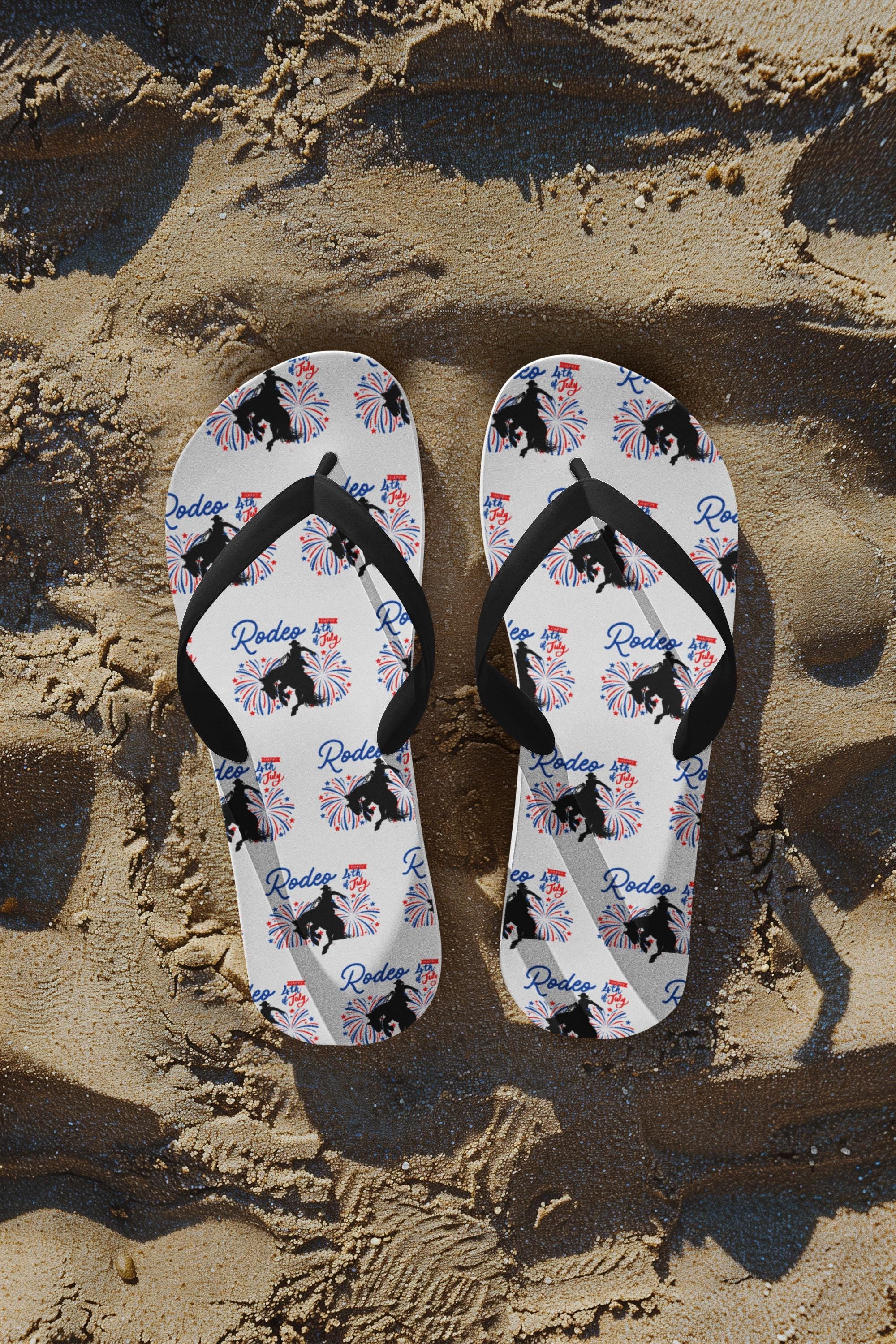 4th of July Flip Flops, Patriotic Sandals, Red White and Blue Bronc Rider Western Sandals for Men & Women -Razels