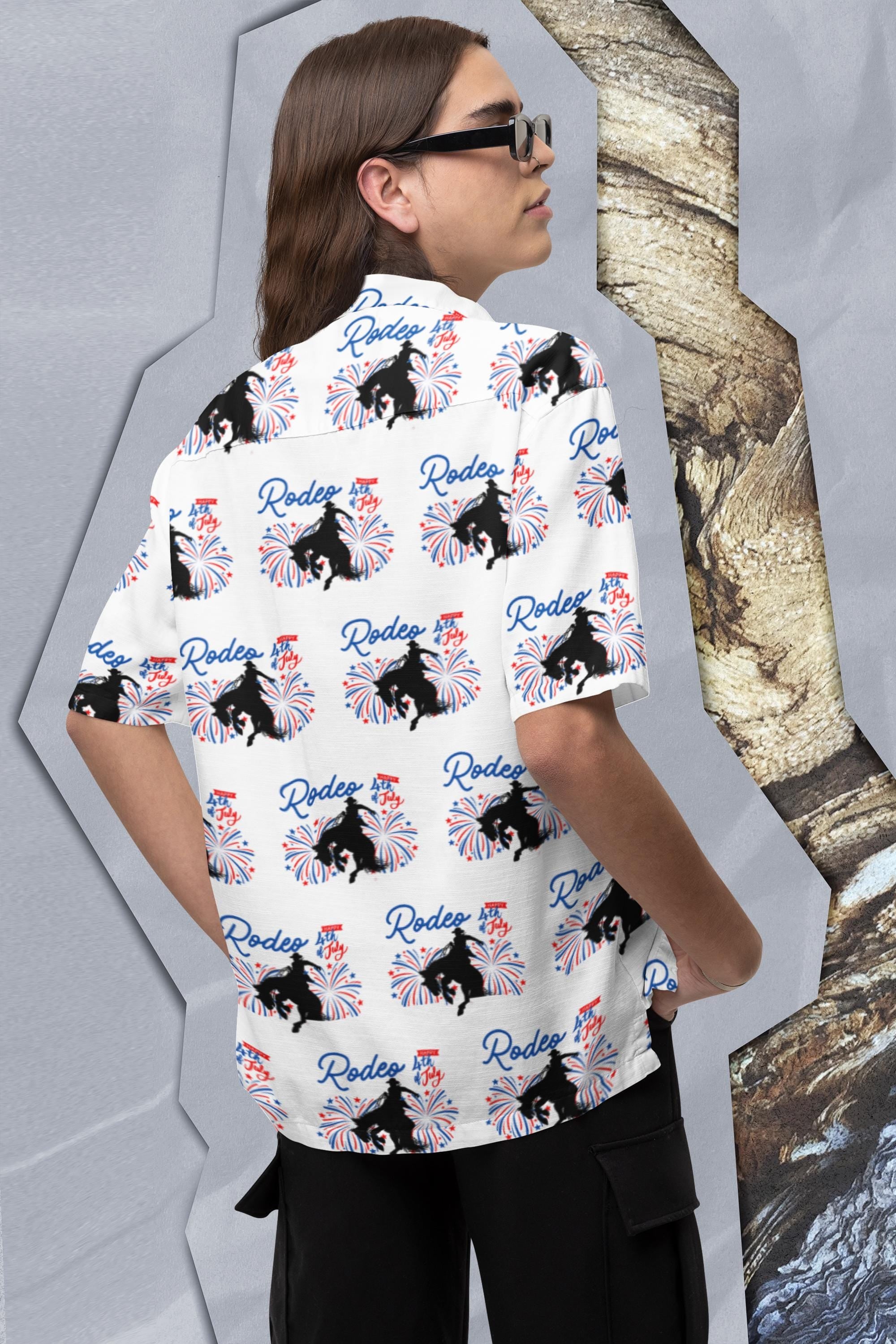 4th of July Hawaiian Shirt, Patriotic Button Up Shirt, Patriotic Bronc Rider Western Button Down -Razels