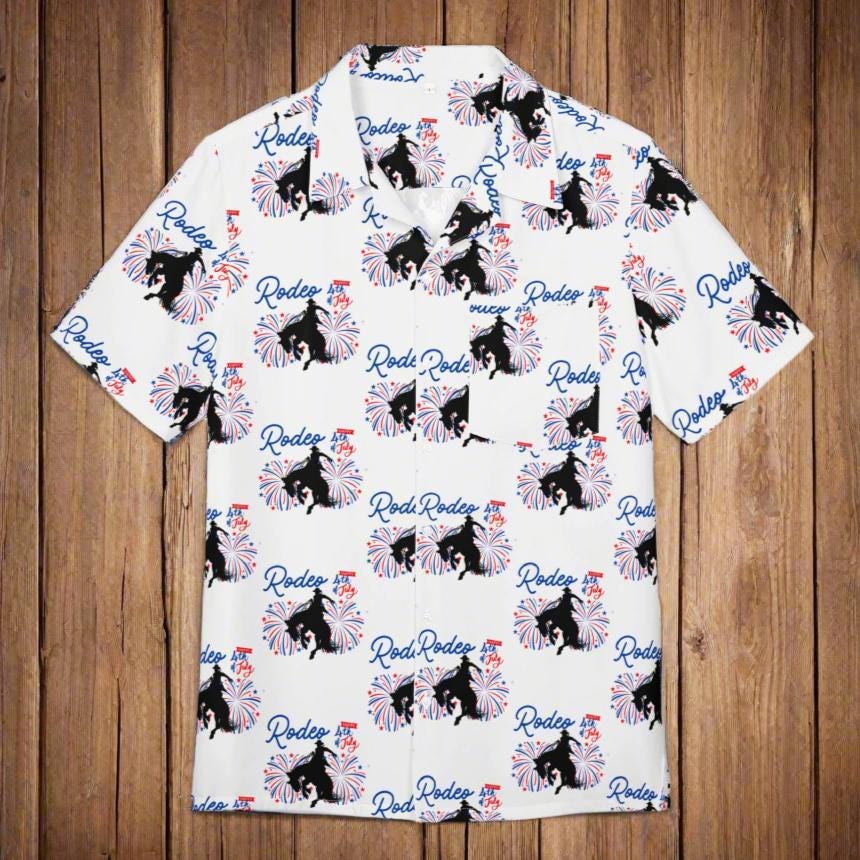 4th of July Hawaiian Shirt, Patriotic Button Up Shirt, Patriotic Bronc Rider Western Button Down -Razels