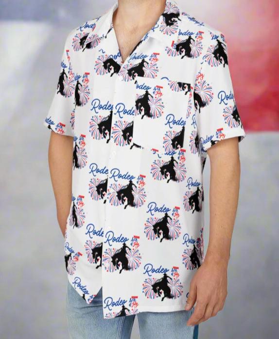 4th of July Hawaiian Shirt, Patriotic Button Up Shirt, Patriotic Bronc Rider Western Button Down -Razels