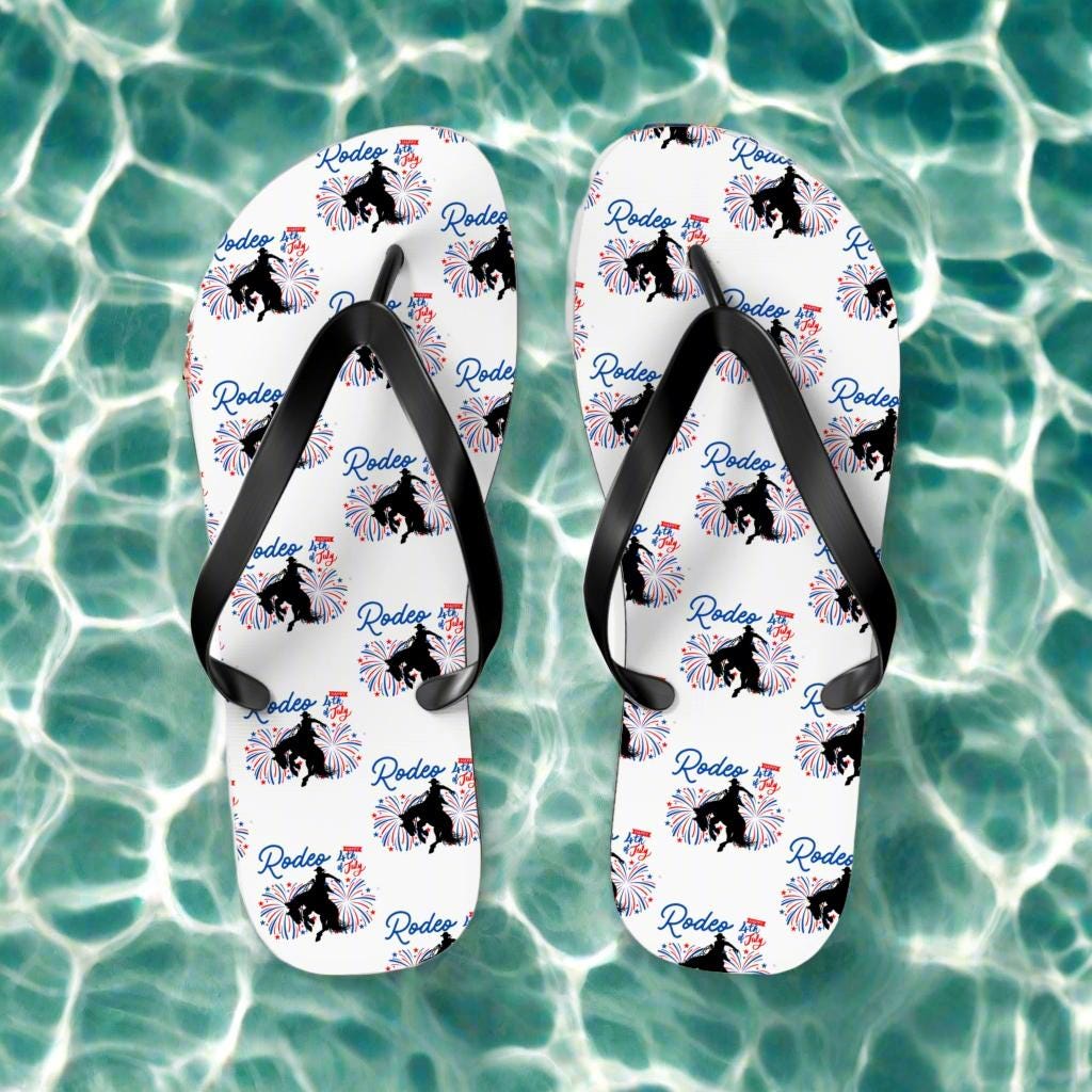 4th of July Flip Flops, Patriotic Sandals, Red White and Blue Bronc Rider Western Sandals for Men & Women -Razels