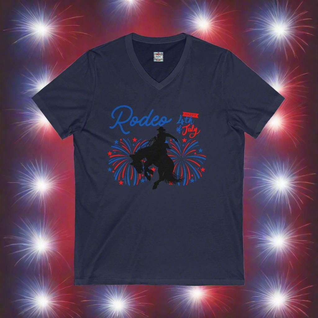 Rodeo 4th of July V-Neck T-Shirt, Bronc Rider Patriotic Tee for Men & Women, Family Matching Shirt -Razels