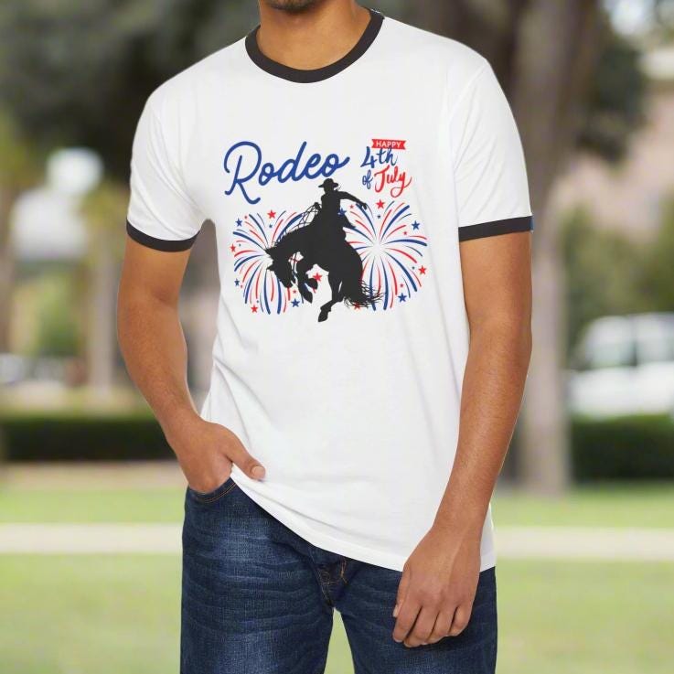 Rodeo Cowboy 4th of July Shirt, Western Ringer Tee with Fireworks Design -Razels