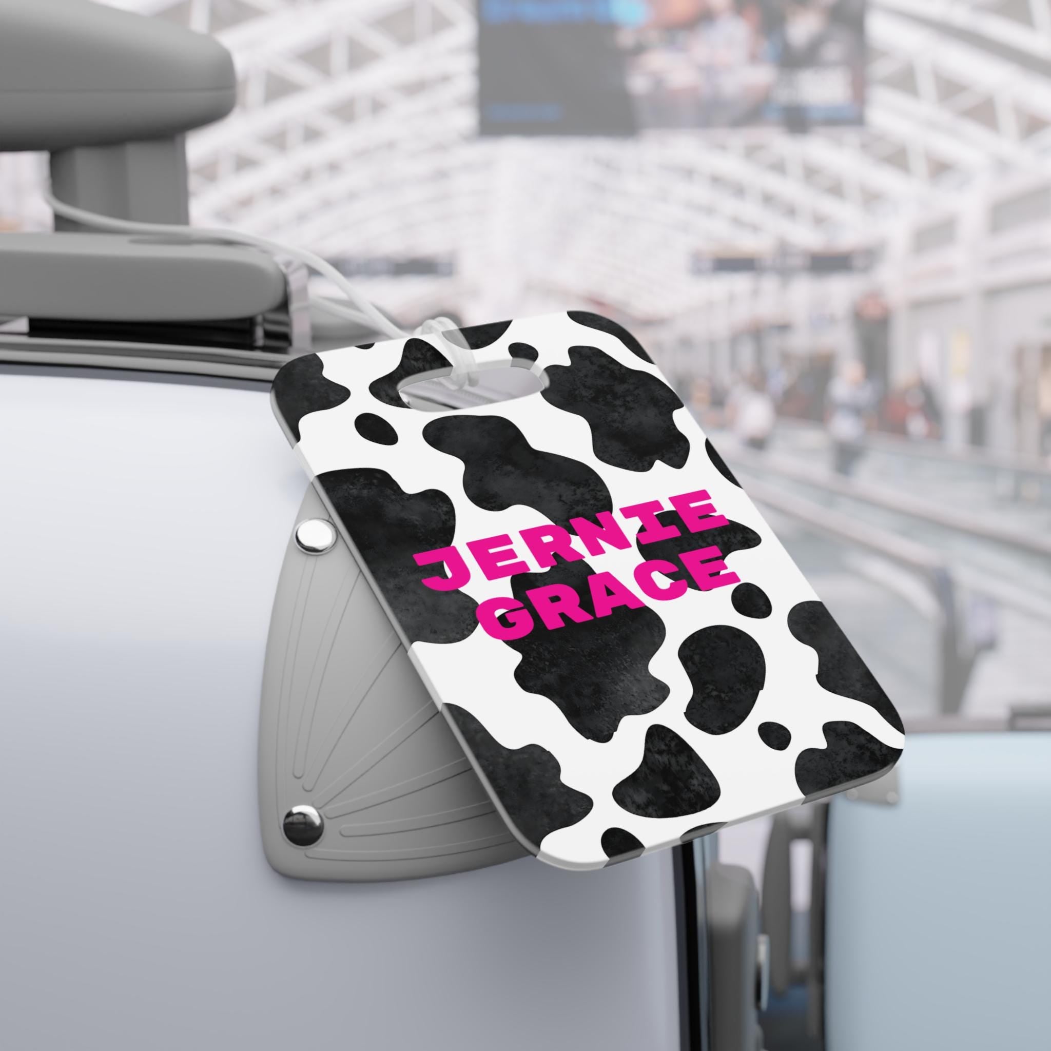 Cowprint Backpack Tag - Personalized Black & White Western Bag ID Tag with Hot Pink Name for Girls School Supplies -Razels