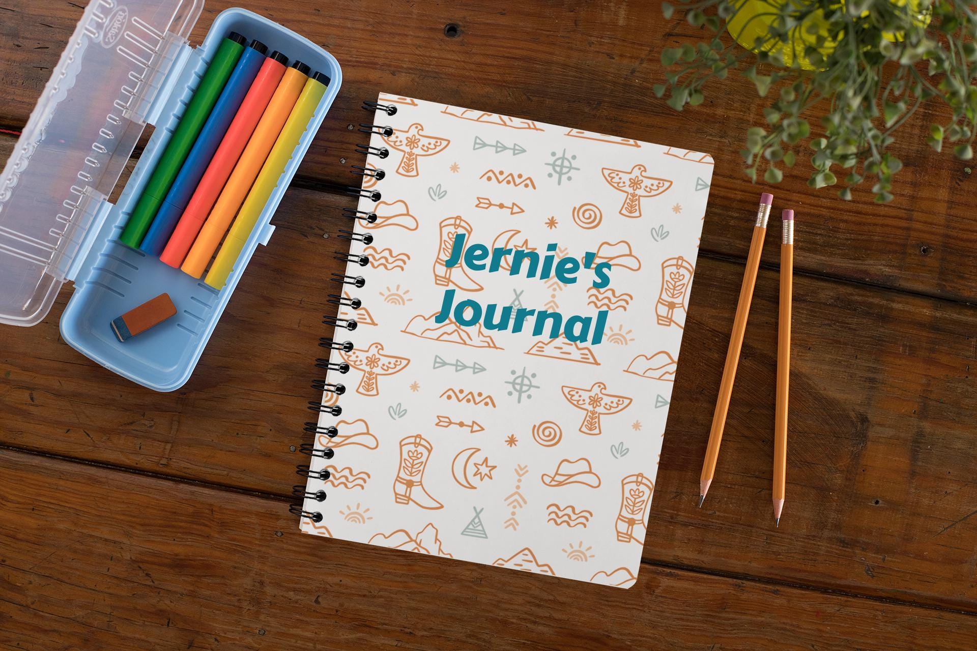 Personalized Western Notebook | Custom Name Boho Cowboy Journal, Beige Turquoise Back to School Notebook