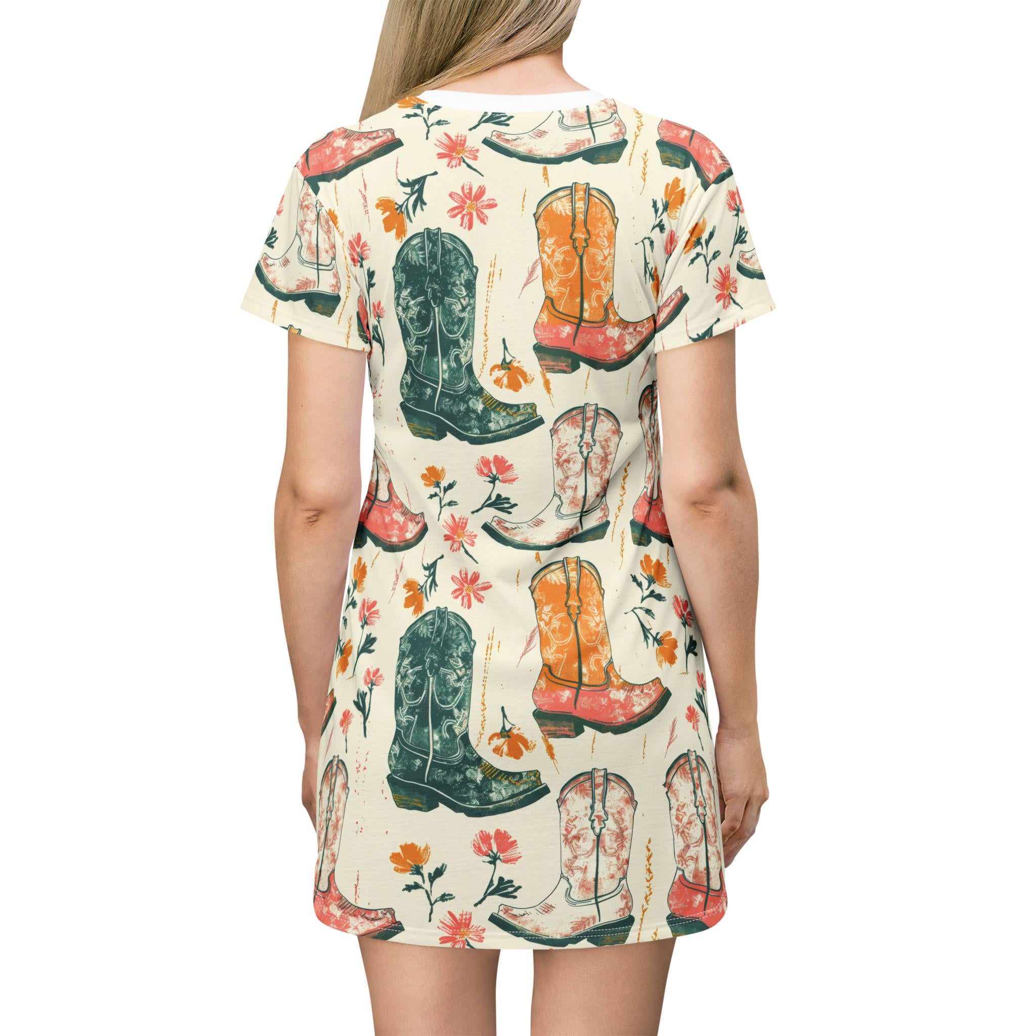 Floral Cowgirl Boots T-Shirt Dress - Western Boho Summer Casual Boot Print Dress for Women -Razels