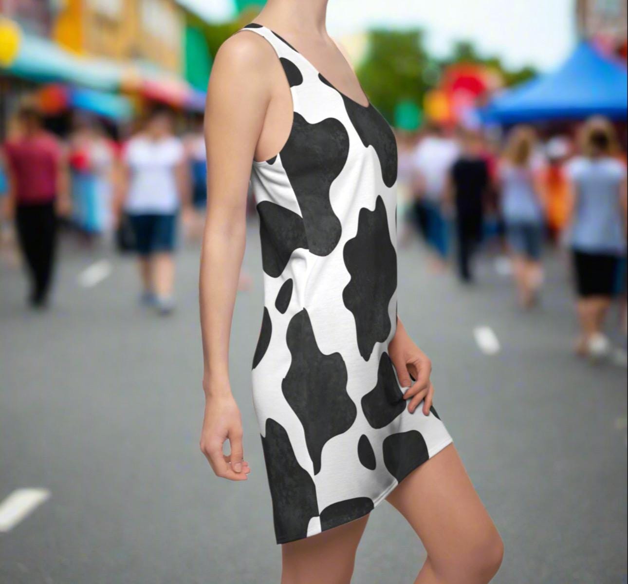 Cow Print Racerback Dress, Cowgirl Summer Dress, Black White Cowprint, Casual Summer Dress, Farmhouse Chic Beach Coverup -Razels