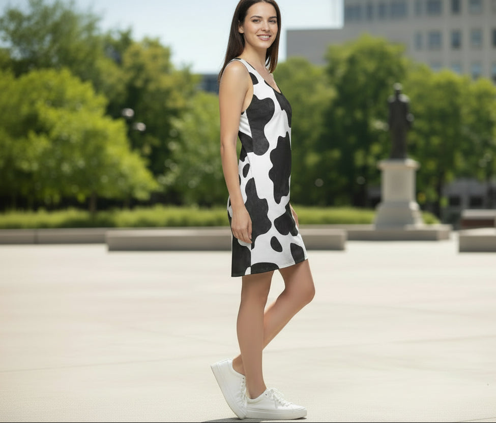 Cow Print Racerback Dress, Cowgirl Summer Dress, Black White Cowprint, Casual Summer Dress, Farmhouse Chic Beach Coverup -Razels