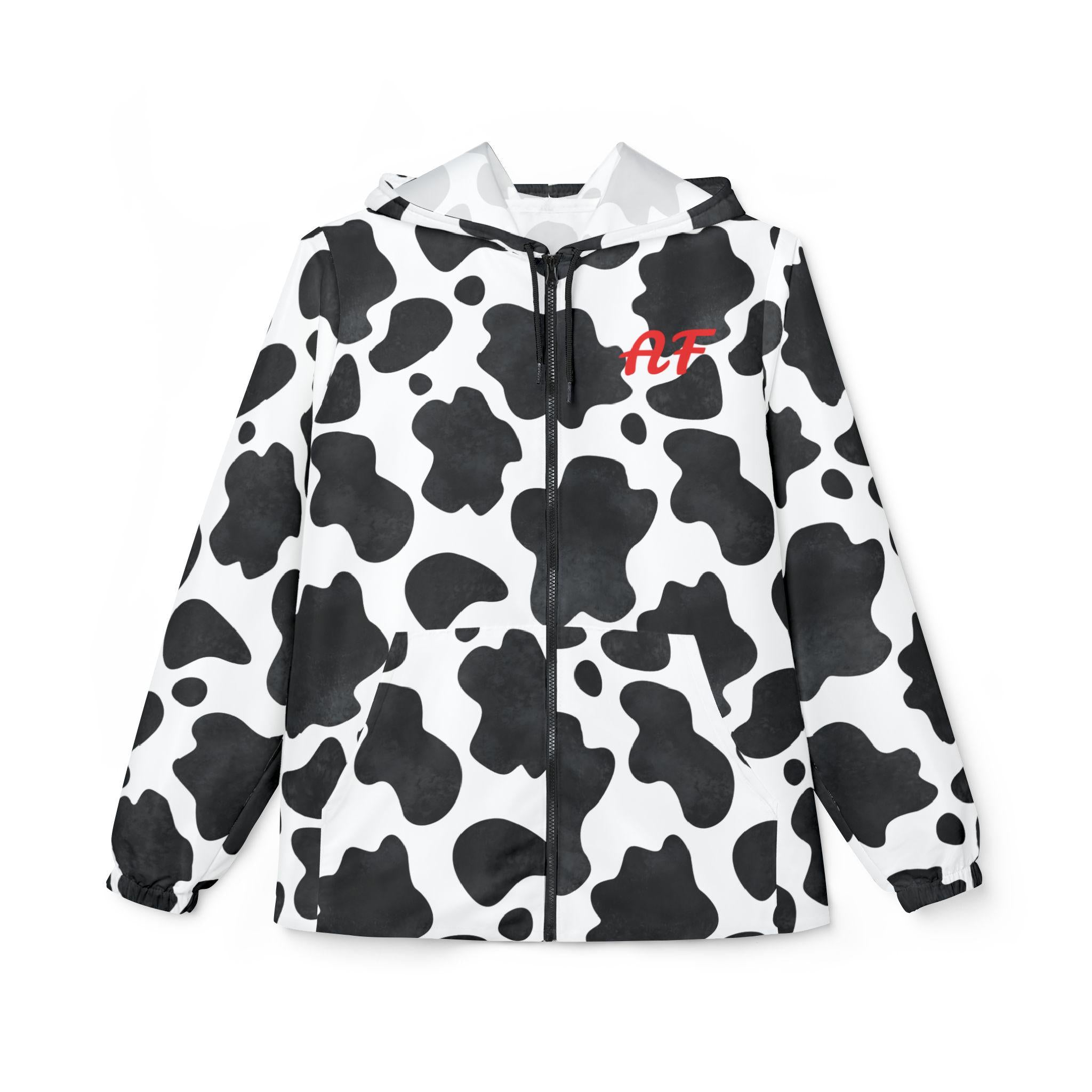 cowprint rain wind jacket, custom jacket, personalized cow jacket â 100% polyester with water- and wind-resistant properties
â Lightweight fabric:
â Full front zipper
â Elastic cuffs for a secure fit
â Two roomy front pockets for on-the-go convenience
â Sewn-in label
â Unisex fit â runs small, consider sizing up
â Made in the USA