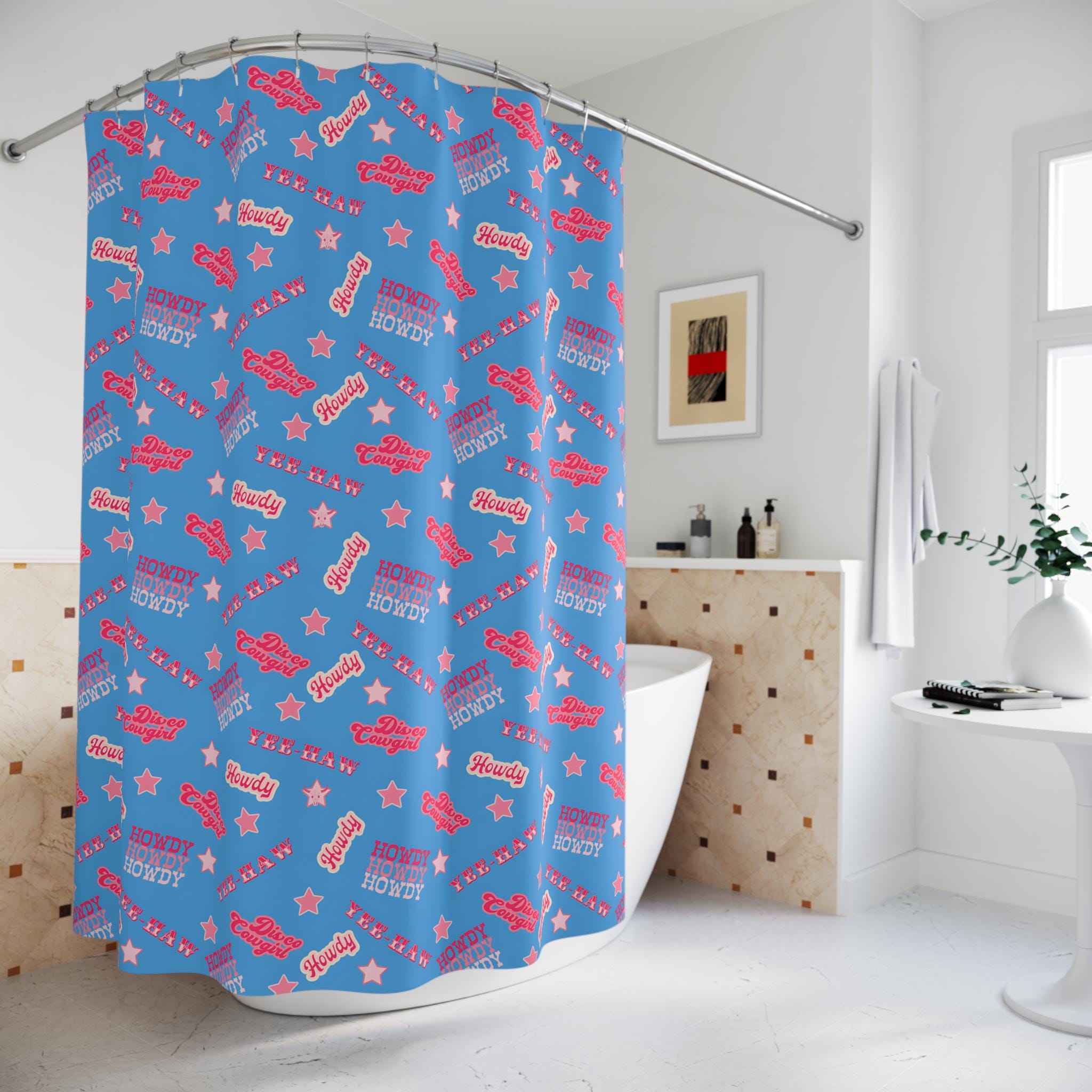 Disco Cowgirl Shower Curtain, Howdy Yeehaw Pink Western Bathroom Shower Curtain, Fun Kids Cowgirl Decor -Razels