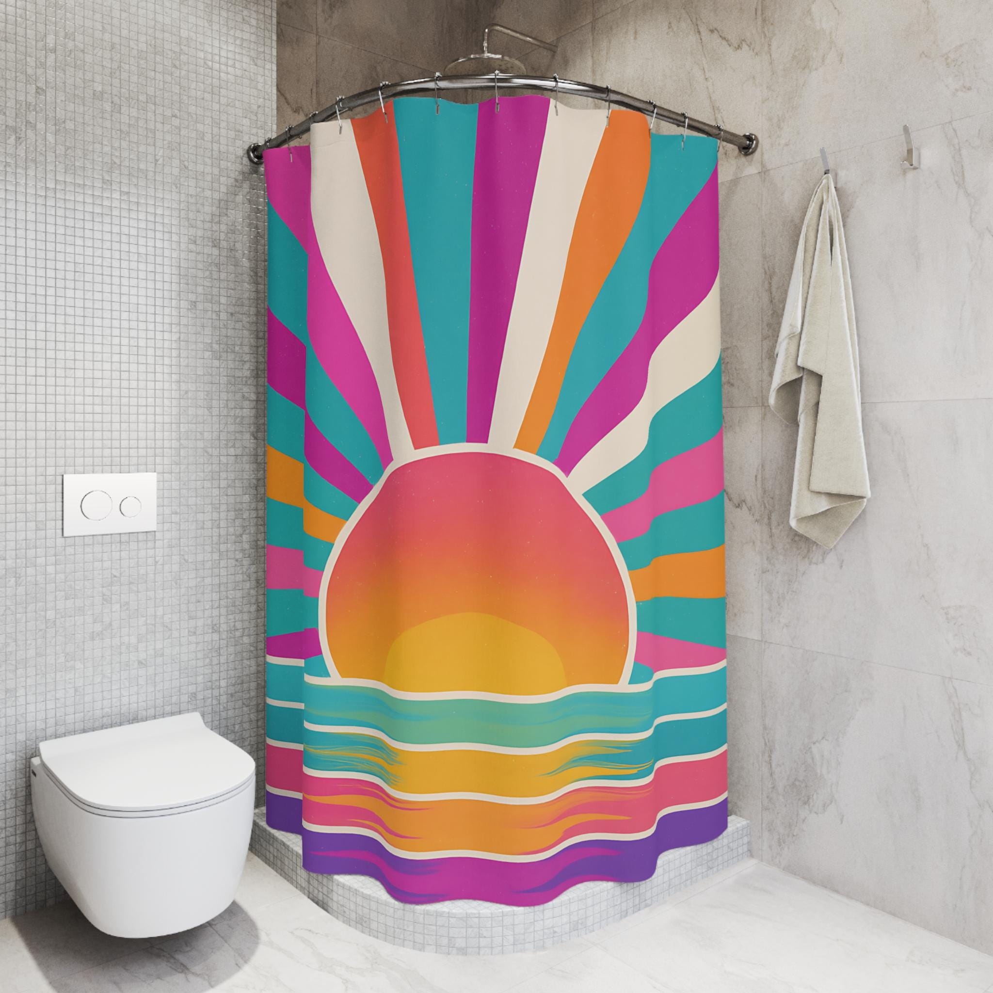 Sunrise Radiance Shower Curtain , BOHO SHOWER CURTAIN, Turquoise, Pink & Yellow Boho Bathroom Decor -Razels