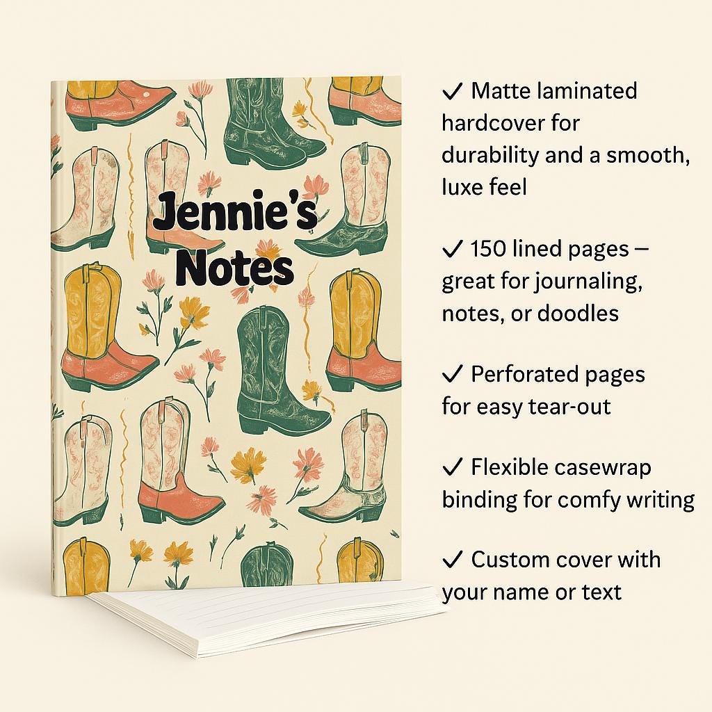 Custom Cowgirl Boots Writing Journal – Personalized Floral Western Notebook, Writing Diary & Sketchbook -Razels
