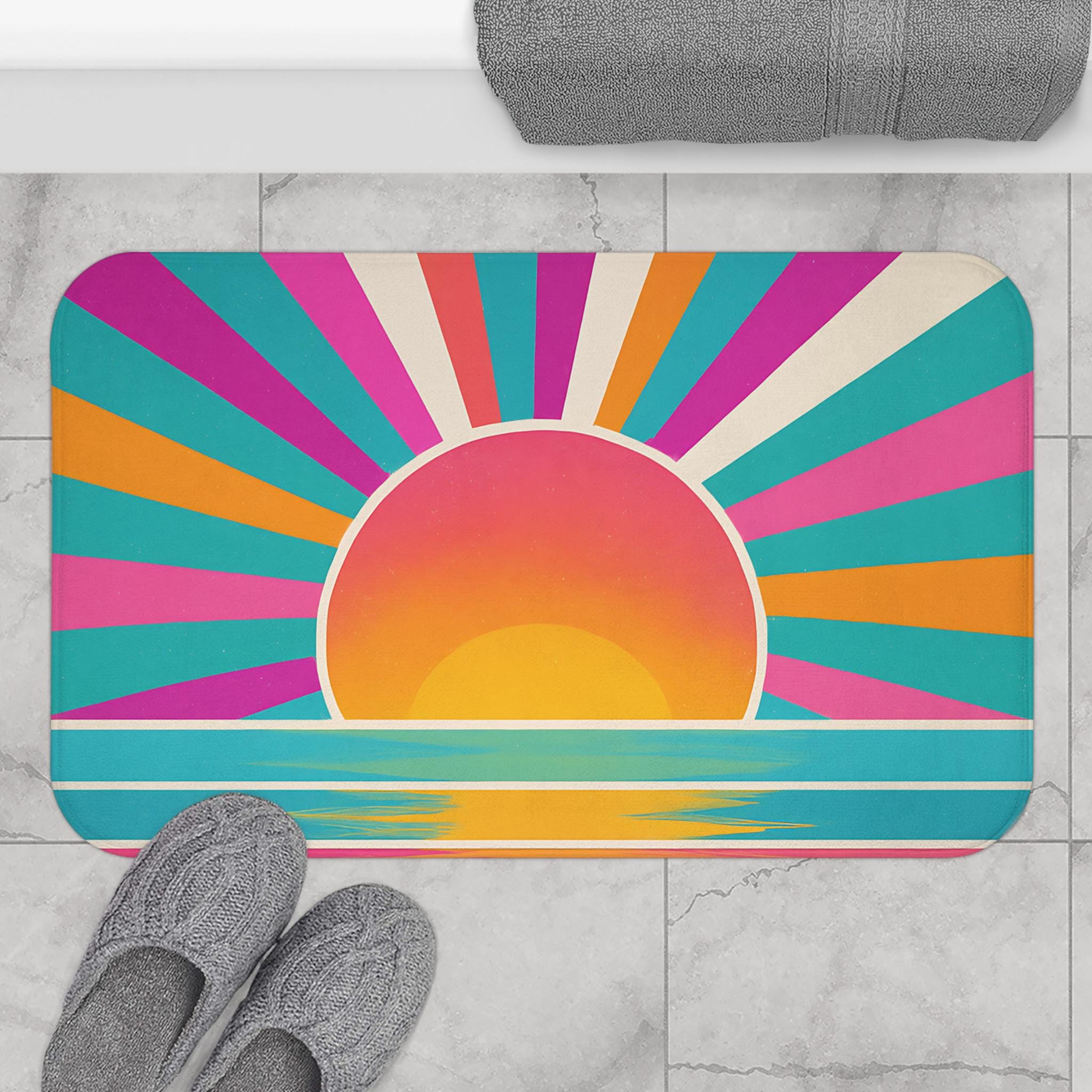 Sunrise Bath Mat Boho Memory Foam Rug in Pink Yellow Turquoise – Cozy Bathroom, Dorm & Kids Decor -Razels
