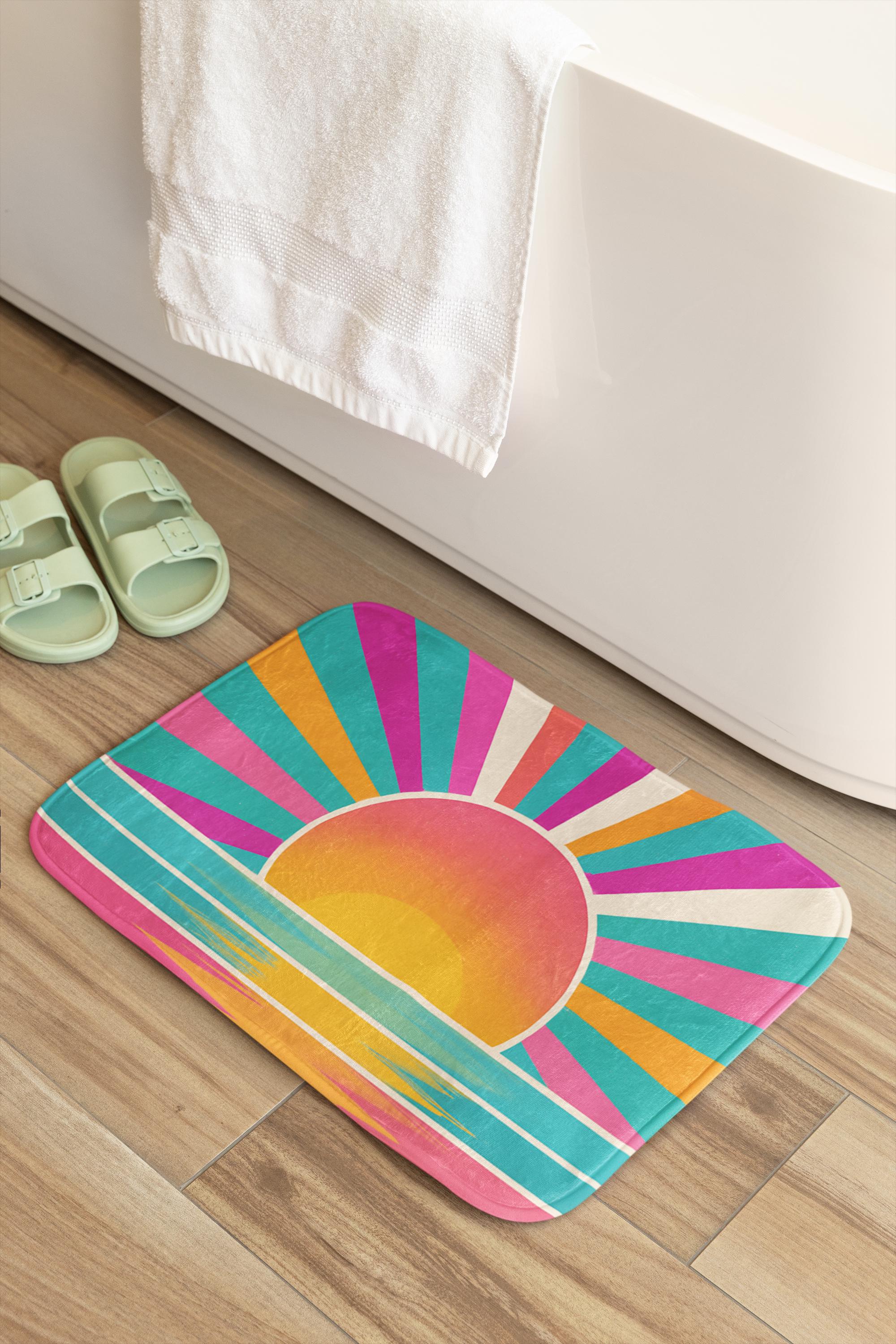 Sunrise Bath Mat Boho Memory Foam Rug in Pink Yellow Turquoise – Cozy Bathroom, Dorm & Kids Decor -Razels