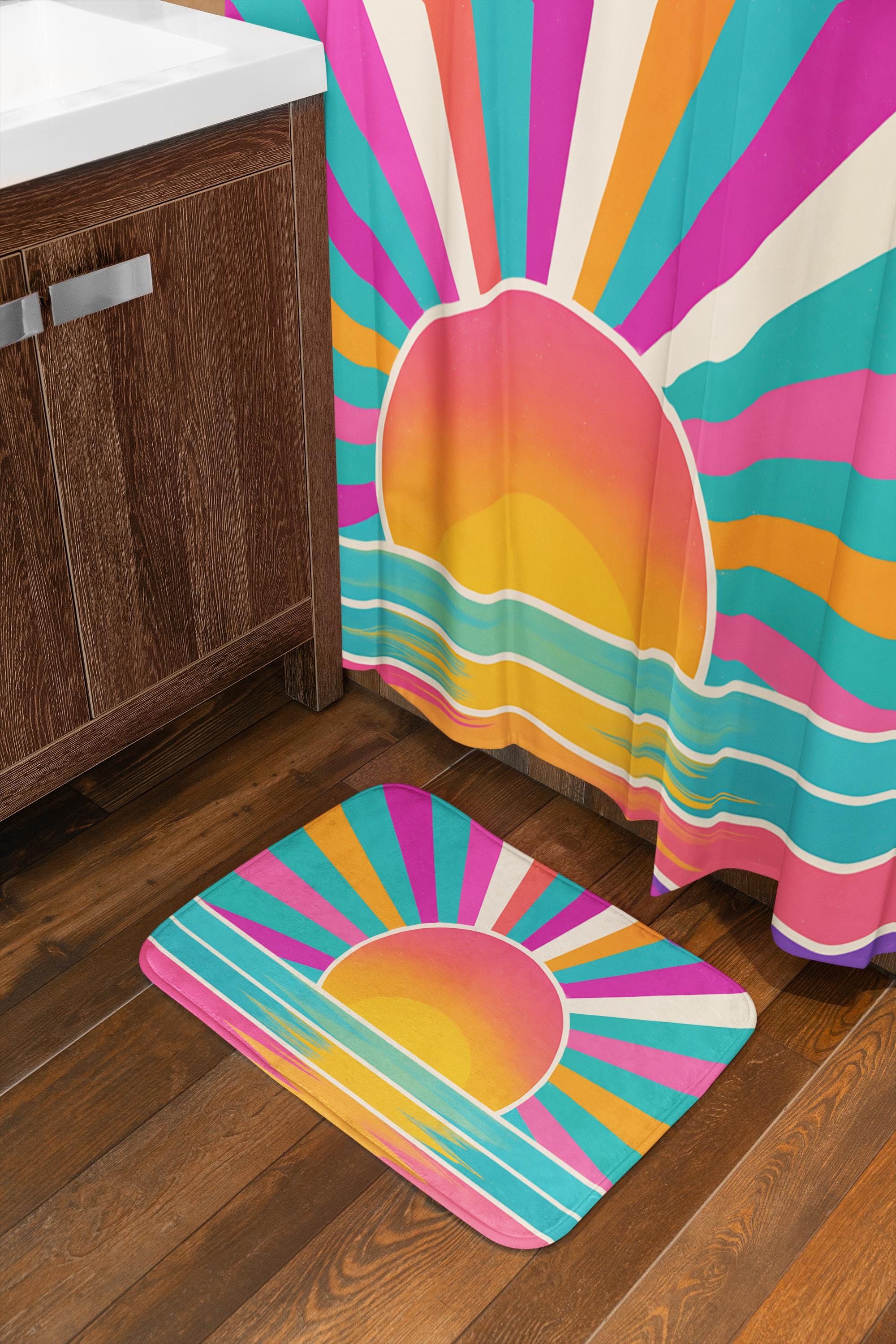 Sunrise Bath Mat Boho Memory Foam Rug in Pink Yellow Turquoise – Cozy Bathroom, Dorm & Kids Decor -Razels