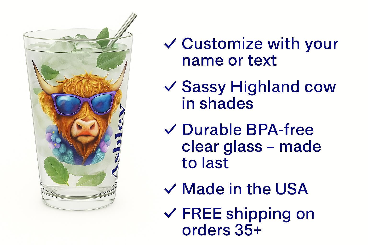 Personalized Highland Cow Pint Glass, Floral Cow with Sunglasses, Custom Name Glass, Cute Cowgirl Gift, Funny Beer Glass for Summer Parties -Razels