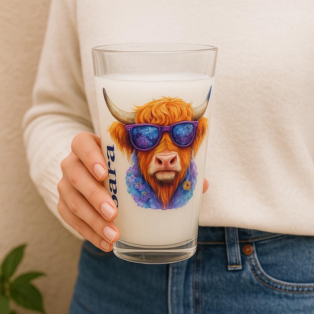 Personalized Highland Cow Pint Glass, Floral Cow with Sunglasses, Custom Name Glass, Cute Cowgirl Gift, Funny Beer Glass for Summer Parties -Razels