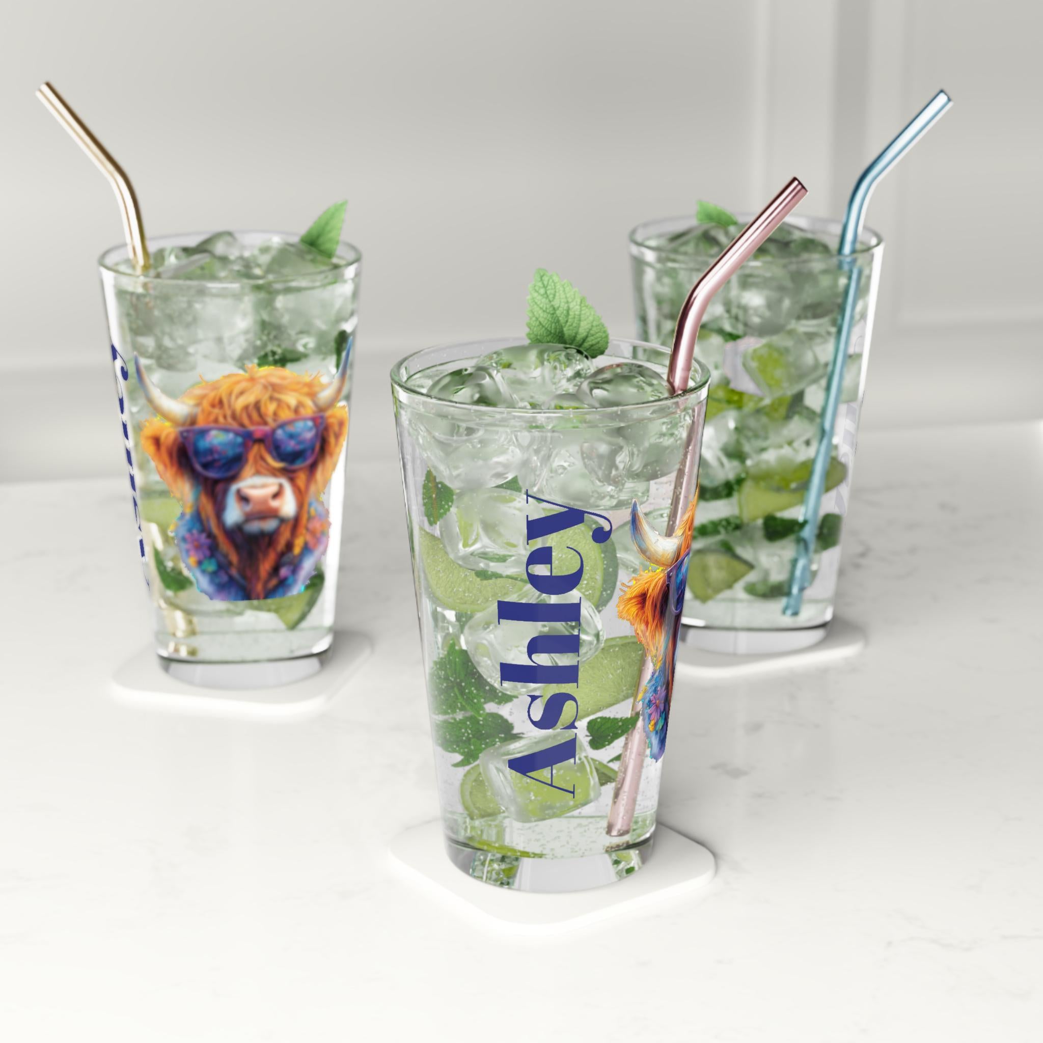 Personalized Highland Cow Pint Glass, Floral Cow with Sunglasses, Custom Name Glass, Cute Cowgirl Gift, Funny Beer Glass for Summer Parties -Razels