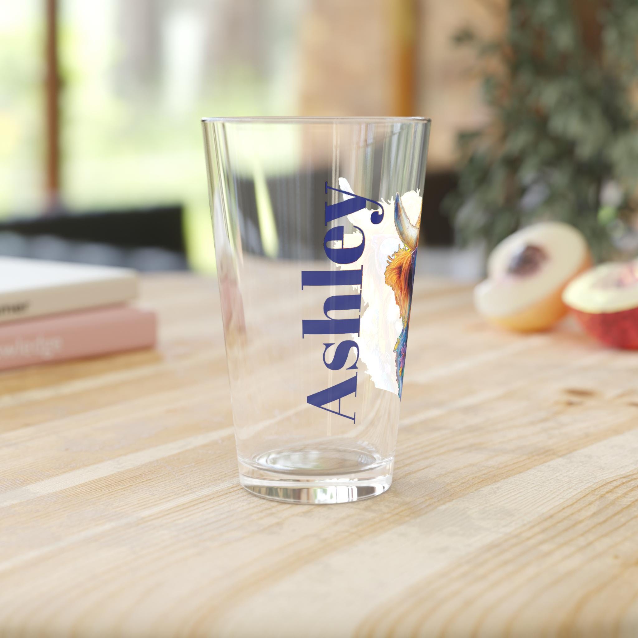 Personalized Highland Cow Pint Glass, Floral Cow with Sunglasses, Custom Name Glass, Cute Cowgirl Gift, Funny Beer Glass for Summer Parties -Razels