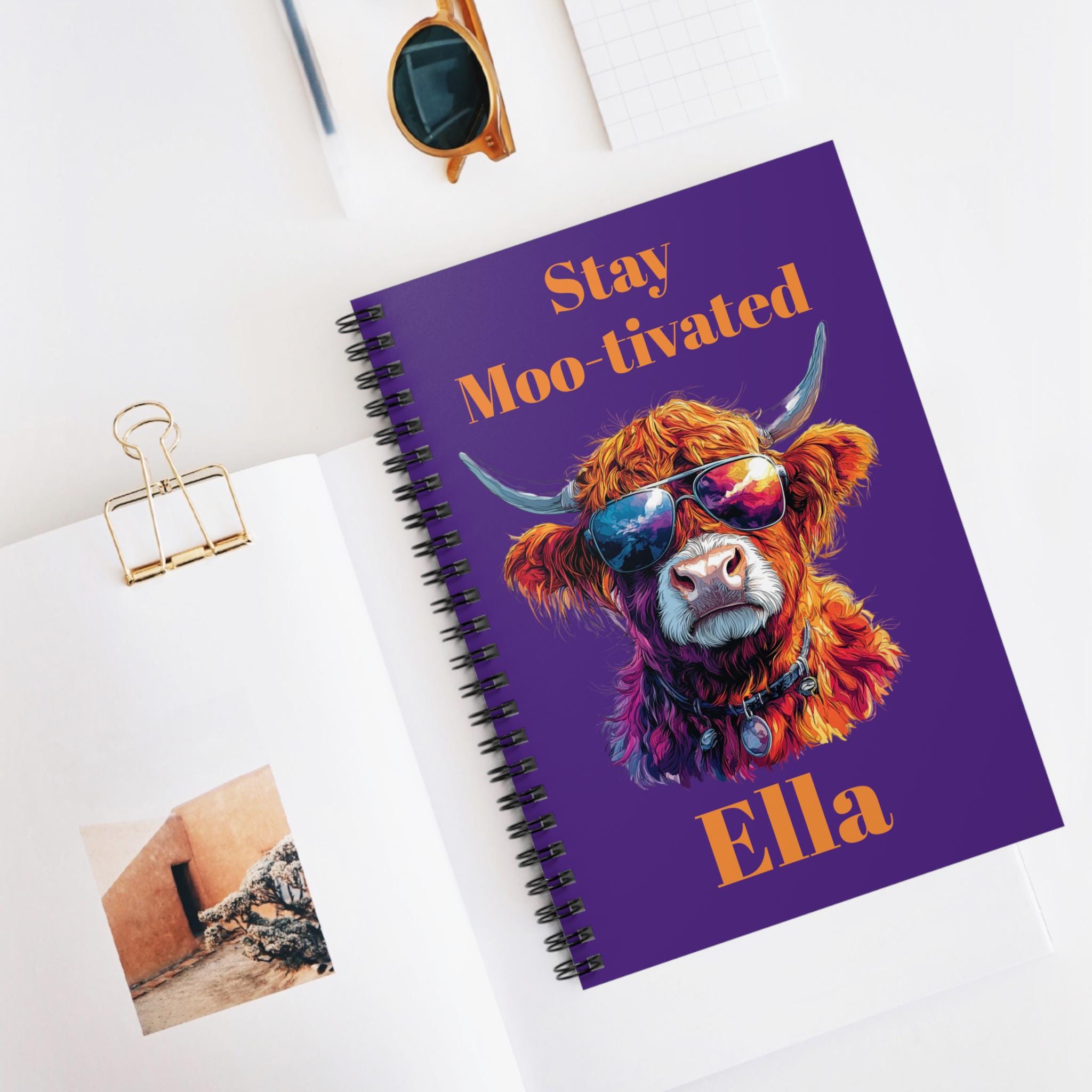 Personalized Highland Cow Notebook, Stay Moo-tivated Purple Spiral Journal -Razels