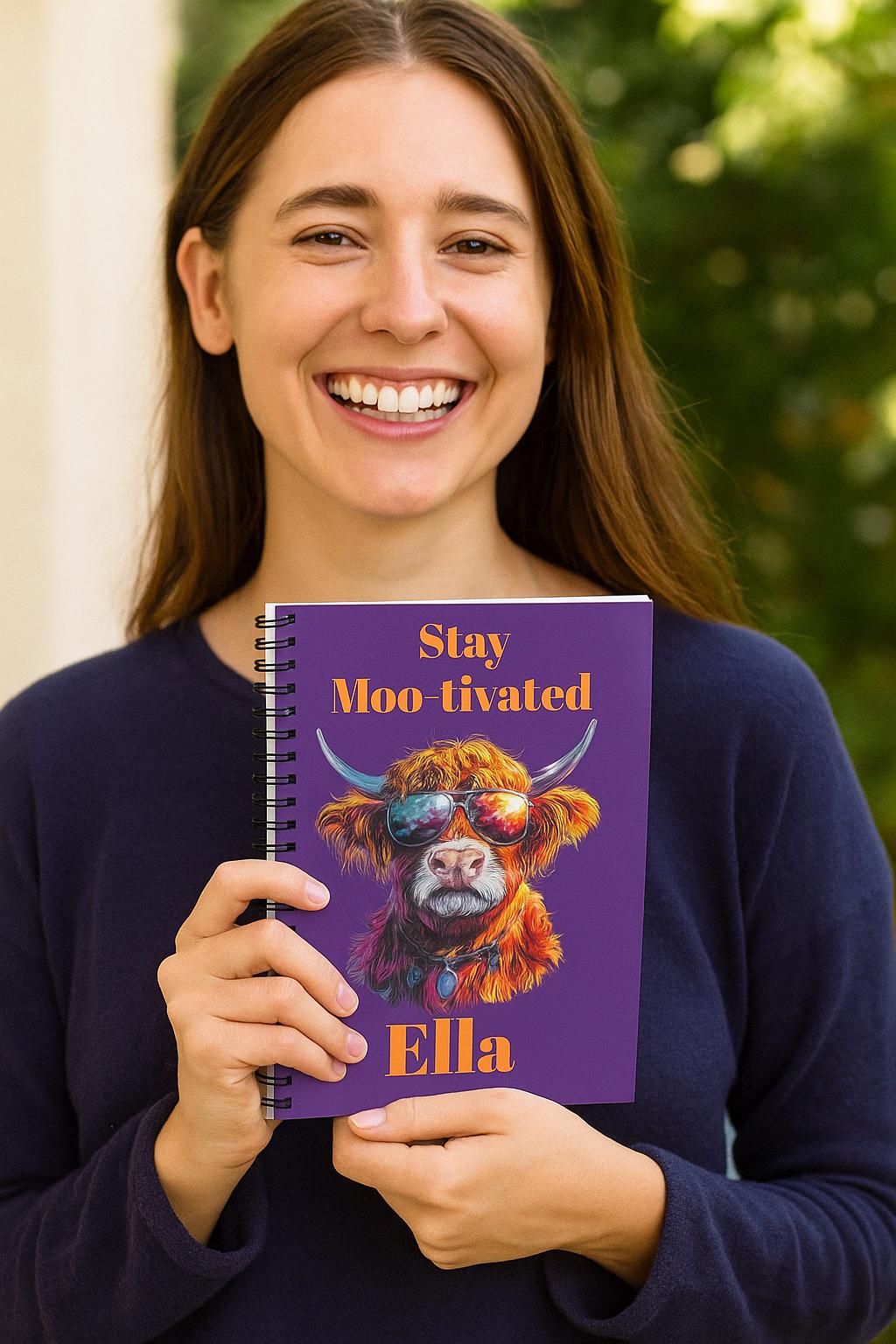 Personalized Highland Cow Notebook, Stay Moo-tivated Purple Spiral Journal -Razels