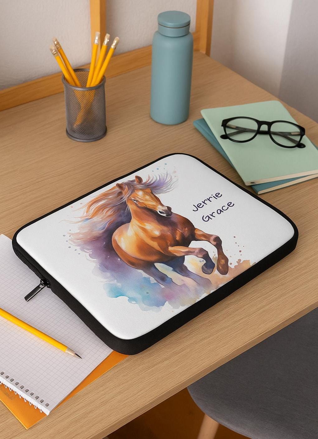 Horse Laptop Sleeve Personalized Waterproof Case, Custom Name Watercolor Horse Cover -Razels