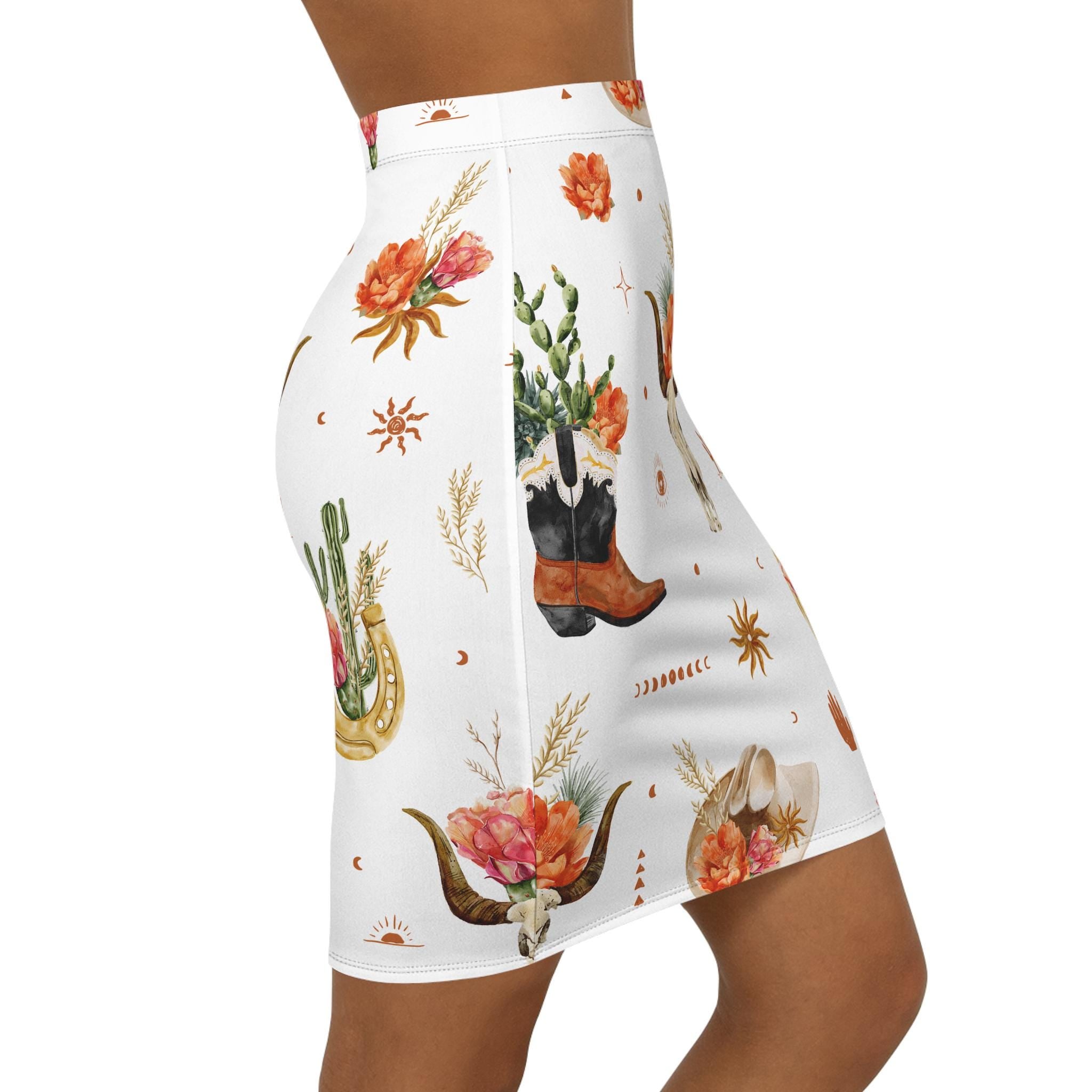 Boho Floral Pencil Skirt with Western Cowgirl Cactus & Steer Skull Print, Vintage Summer Bohemian Skirt for Women -Razels