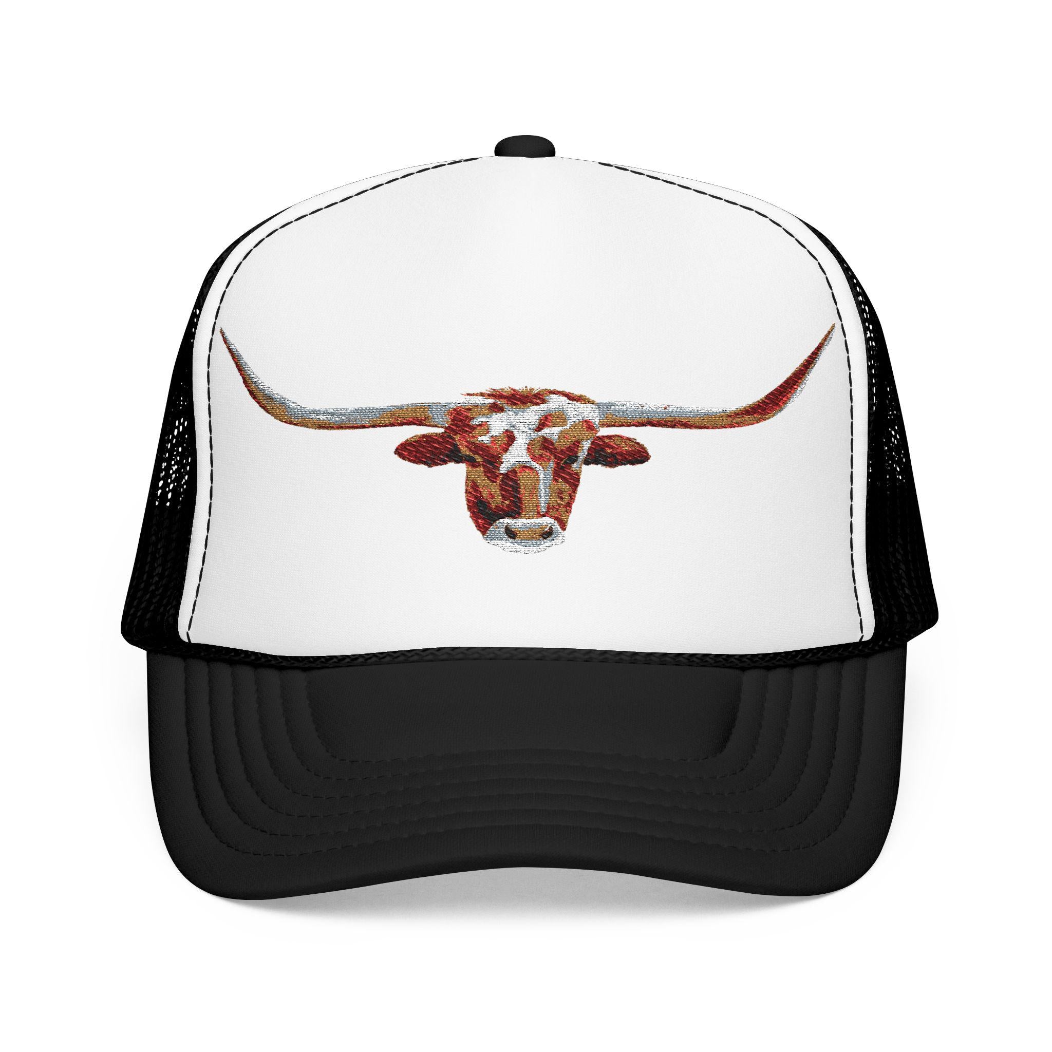 Watercolor Longhorn Foam Trucker Hat, Western Cowgirl Style, Embroidered Steer Cap -Razels
