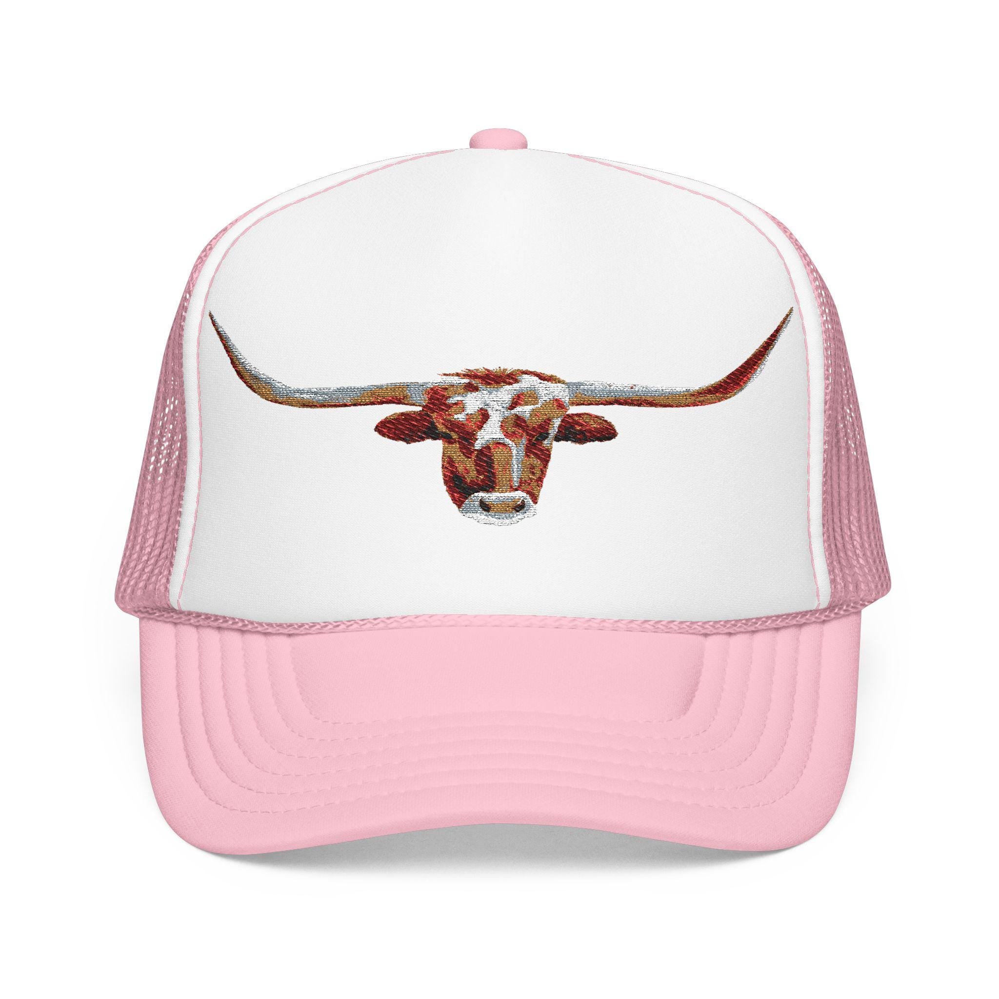 Watercolor Longhorn Foam Trucker Hat, Western Cowgirl Style, Embroidered Steer Cap -Razels