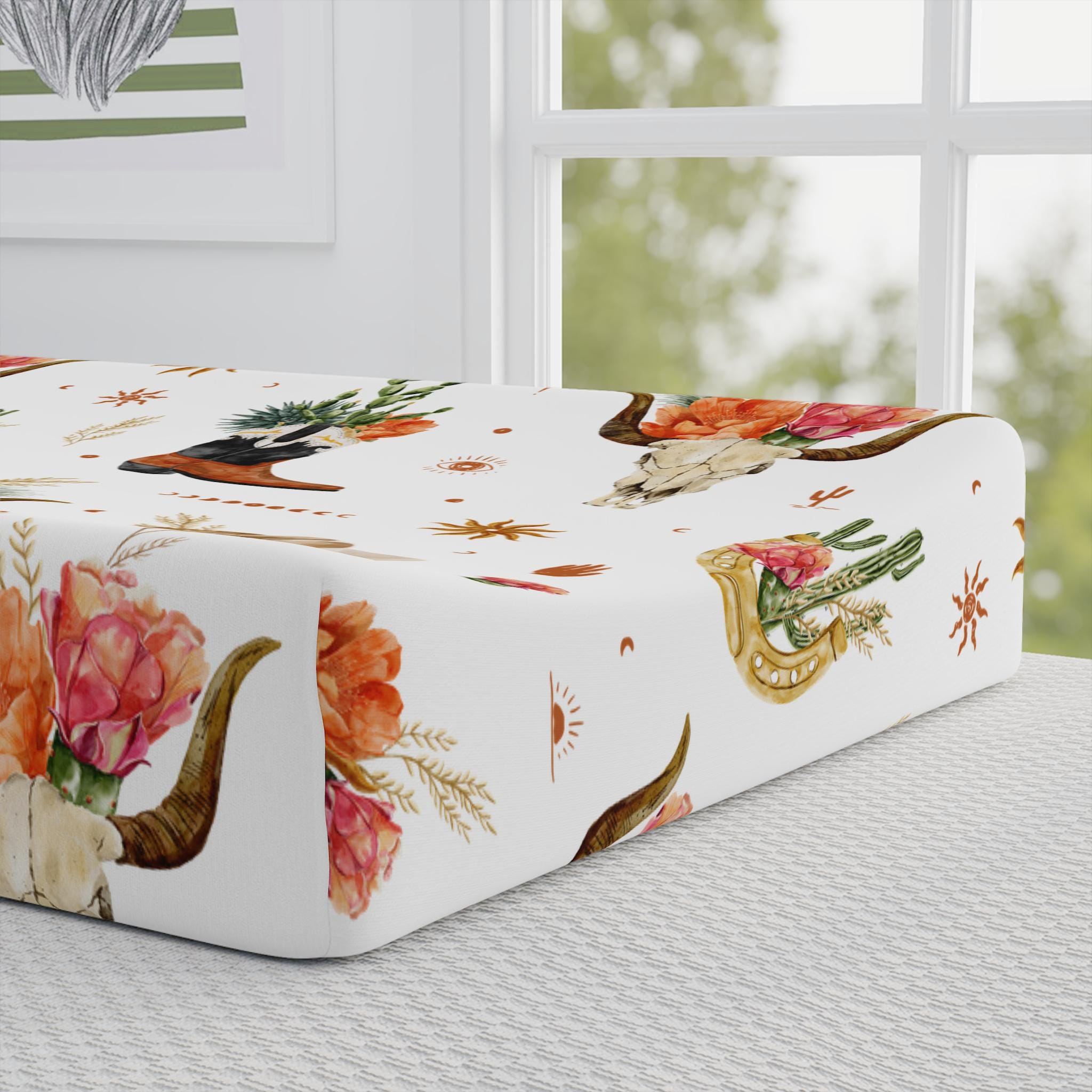 Western Boho Baby Changing Pad Cover, Floral Cowgirl Design with Cowboy Boots -Razels