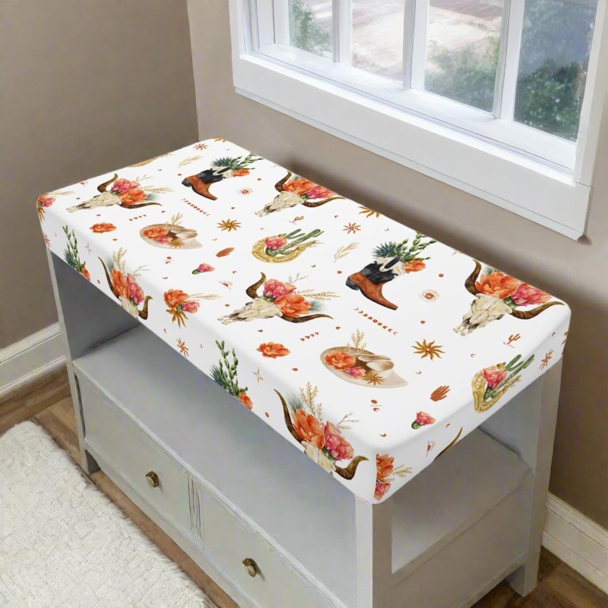Western Boho Baby Changing Pad Cover, Floral Cowgirl Design with Cowboy Boots -Razels