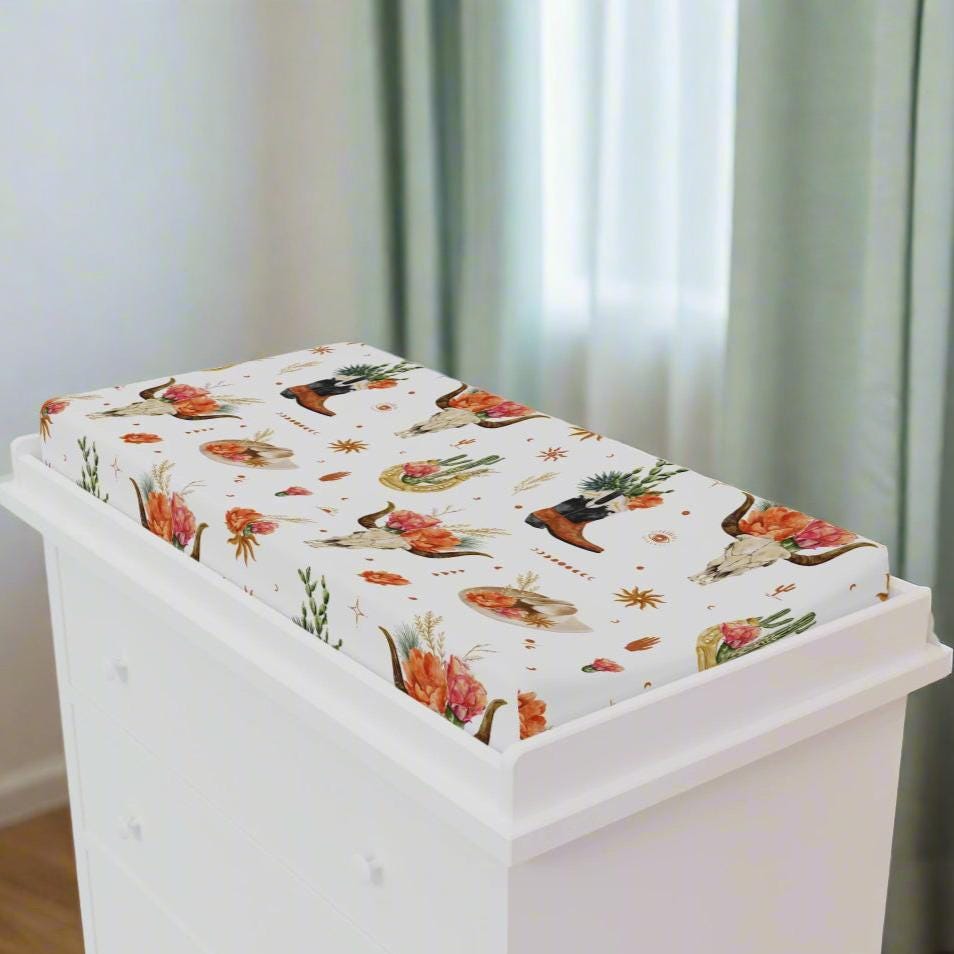Western Boho Baby Changing Pad Cover, Floral Cowgirl Design with Cowboy Boots -Razels