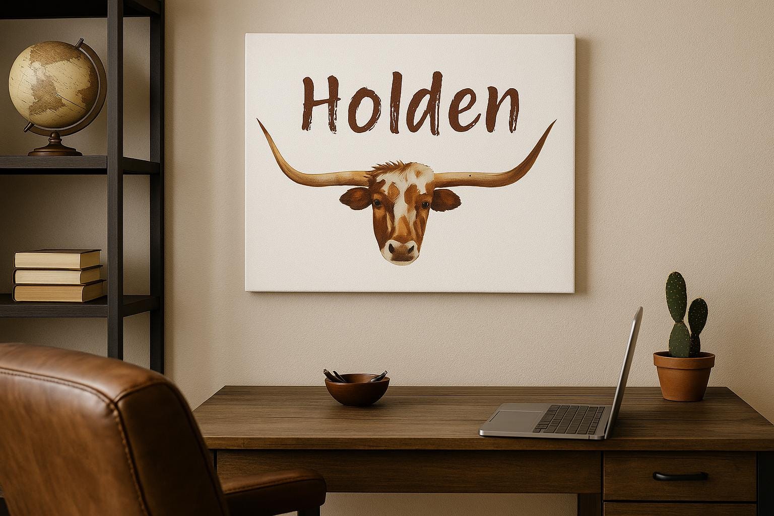Personalized Watercolor Longhorn Canvas Wall Art, Cowboy Name Print, Boys Room Decor, Western Nursery Art, Rustic Texas Longhorn -Razels