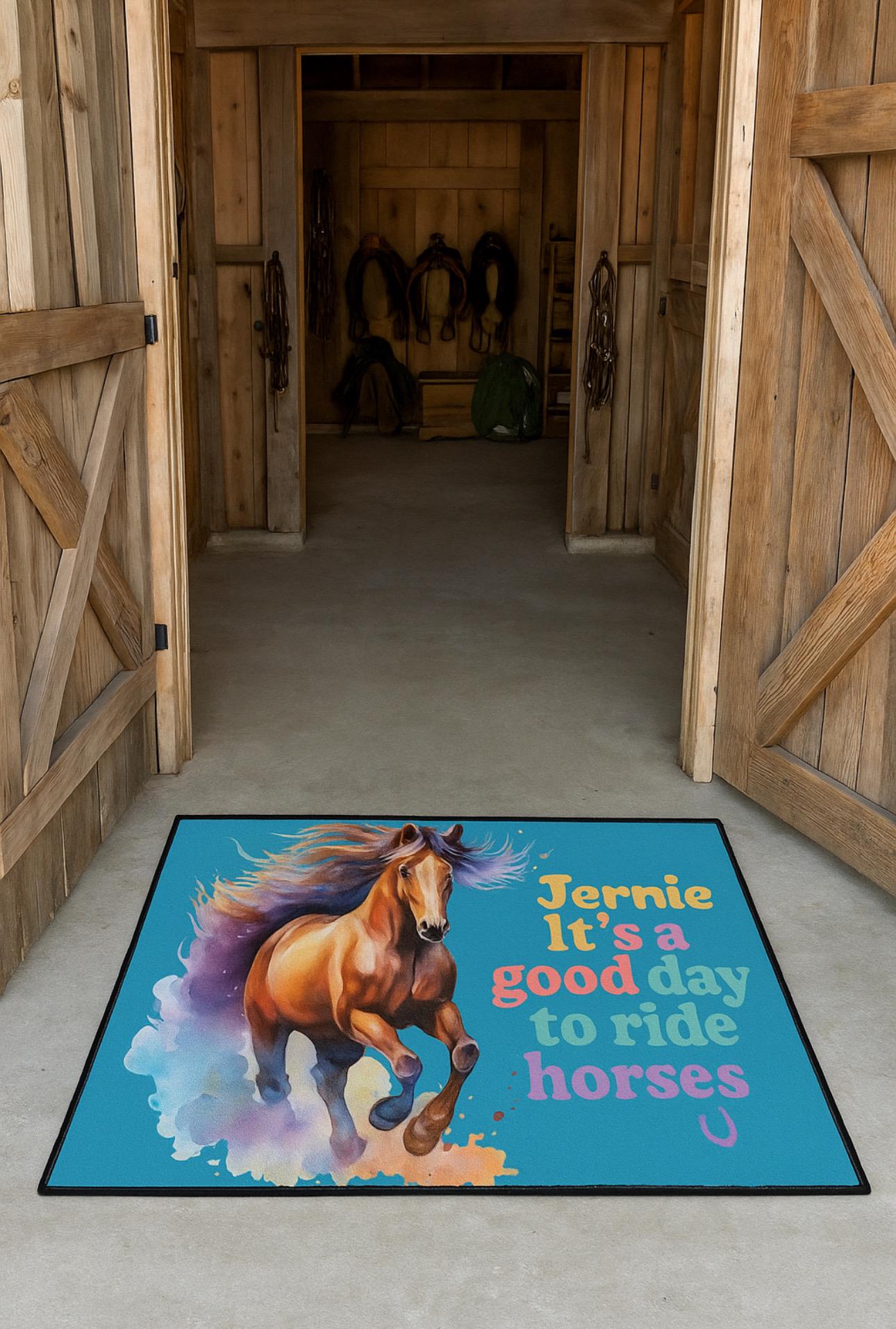 Personalized Horse Lover Floor Mat - Custom Name Turquoise Barn Doormat, Kids Room Rug -Razels