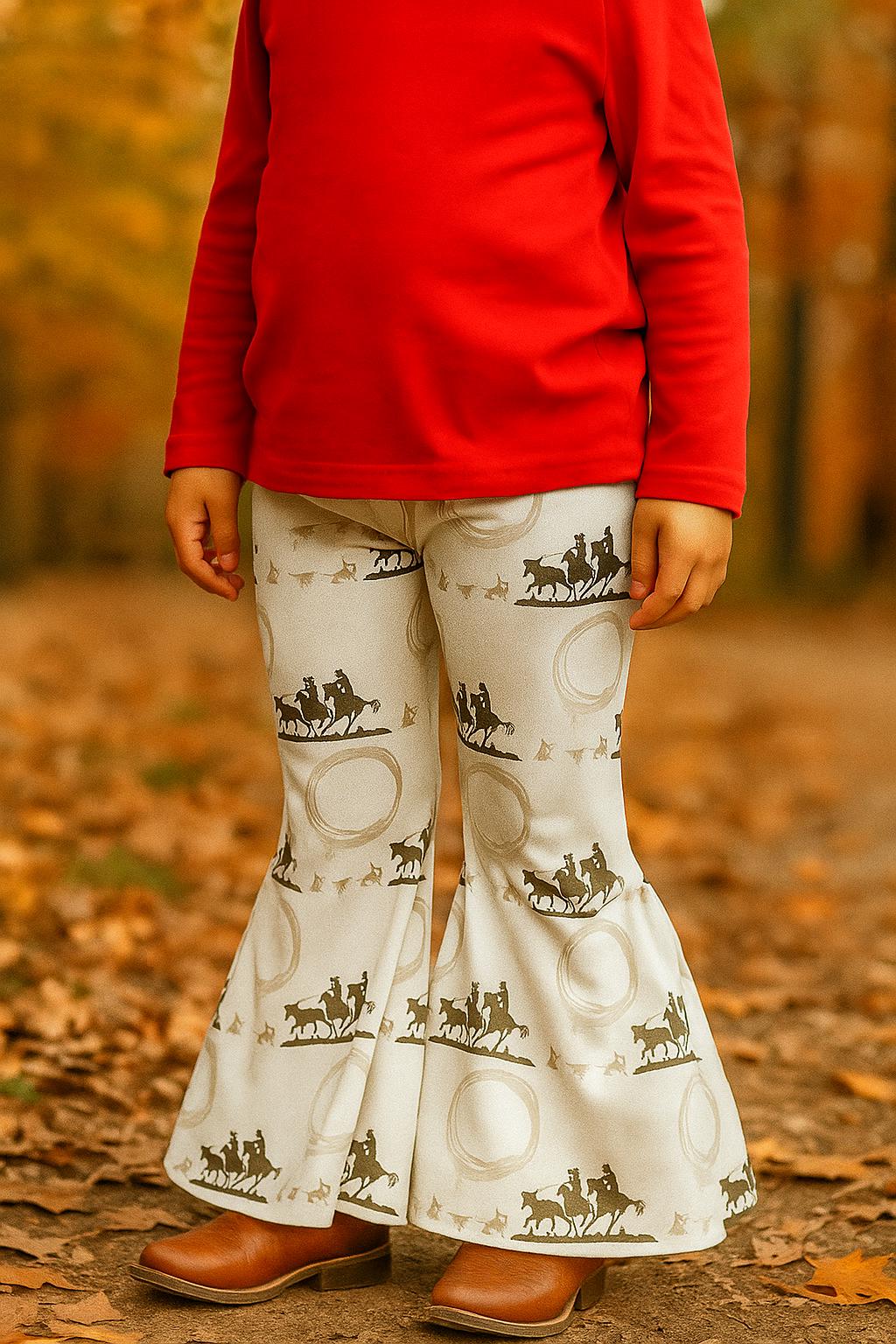 CLEARANCE $10 – Team Roper Bell Bottom Pants, Rodeo Flare Pants for Girls, Western Team Roping Print, Kids Cowgirl Outfit
