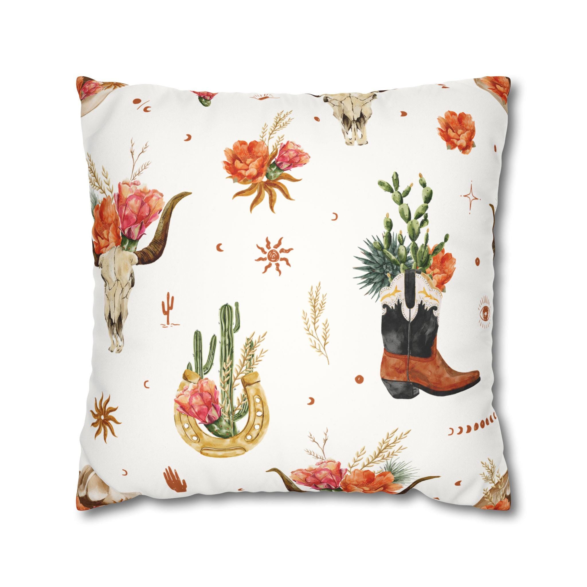 Western Throw Pillow: Boho Floral Cowboy Accent - Rustic Farmhouse Decor -Razels