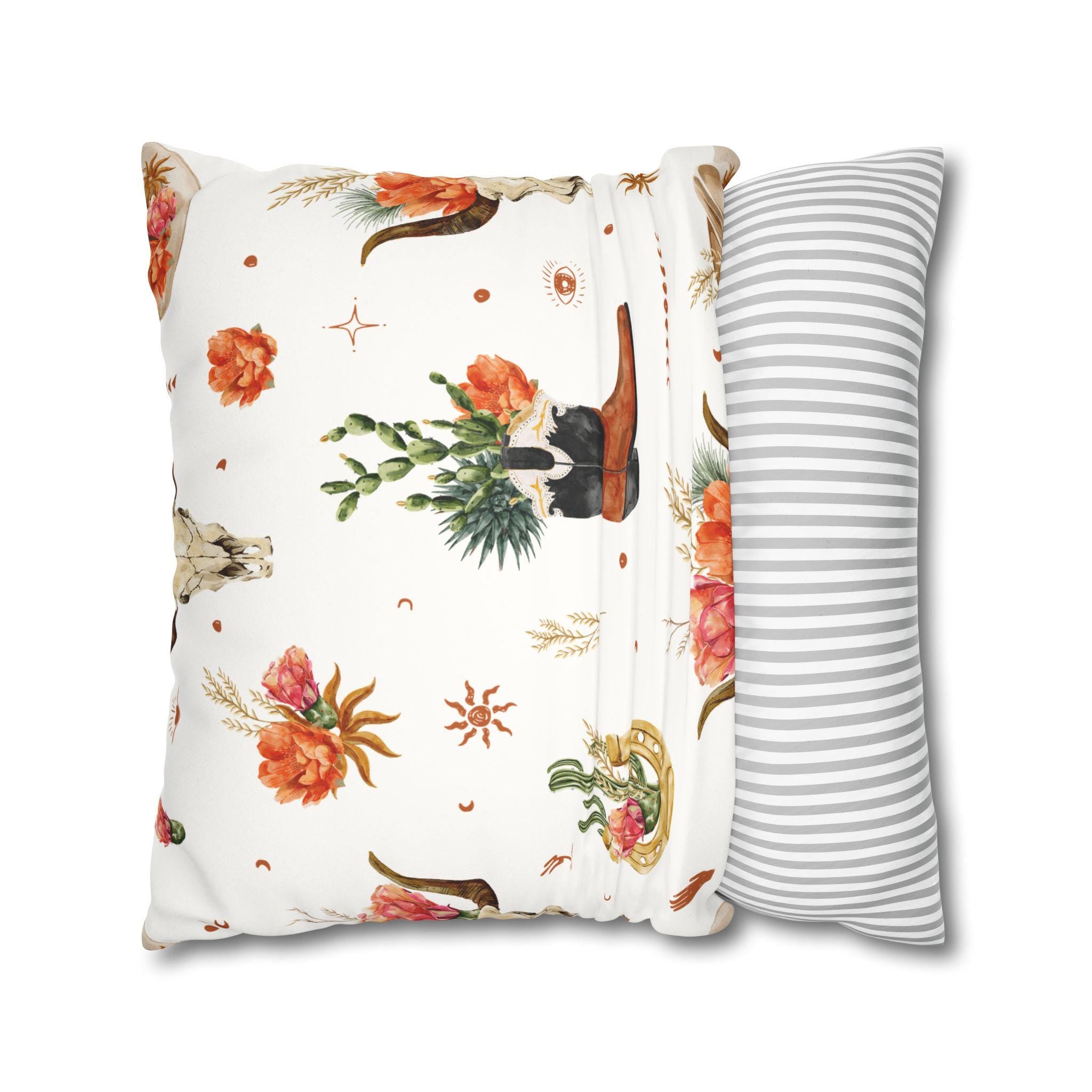 Western Throw Pillow: Boho Floral Cowboy Accent - Rustic Farmhouse Decor -Razels