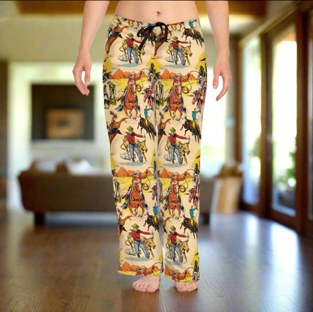 Women's Vintage Cowboy Pajama Pants - Soft Western Loungewear with Rugged Rodeo Print, Old West Sleepwear -Razels