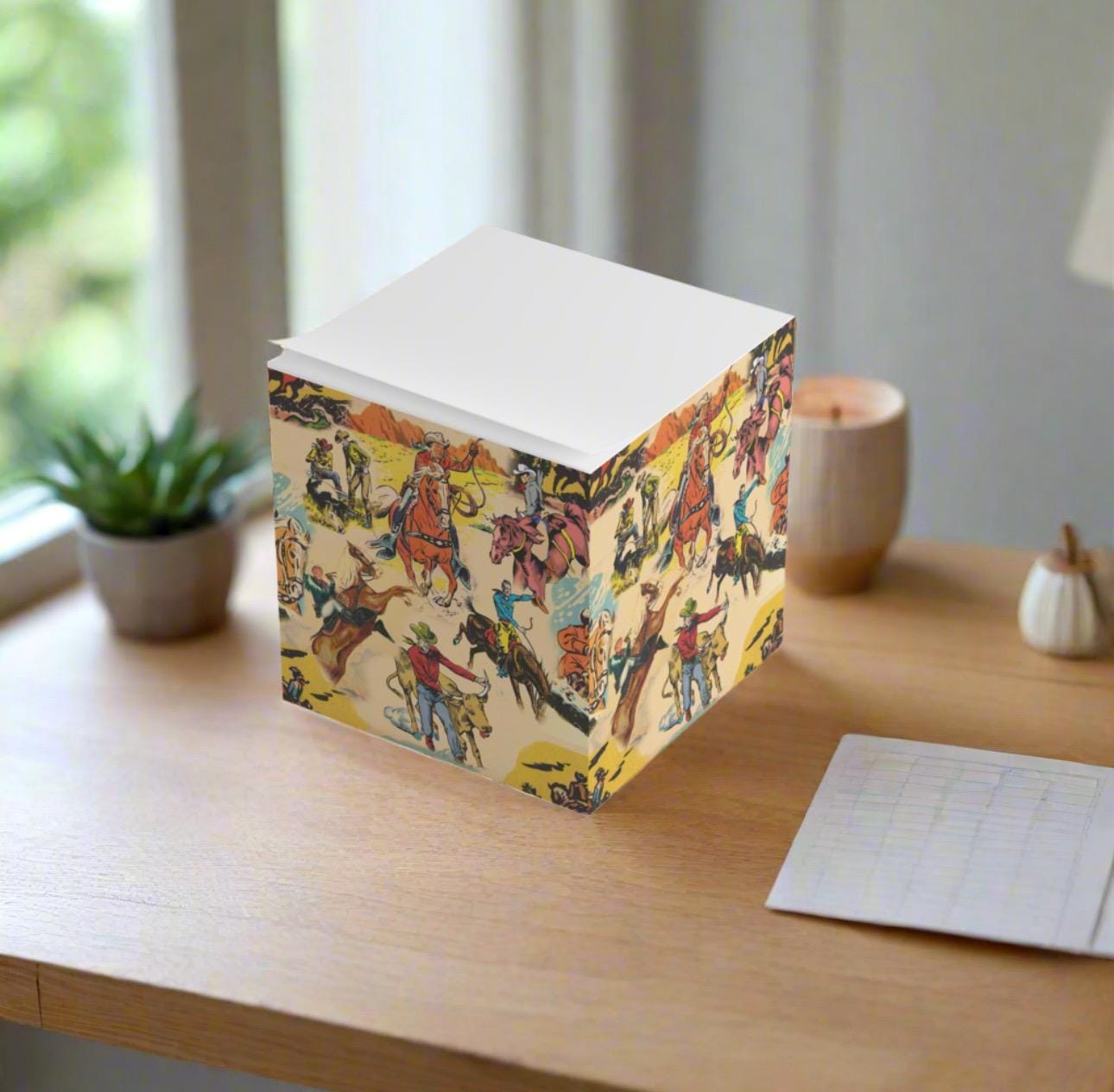 Vintage Western Note Cube, Cowboy Notepad, Rustic Office Decor, Unique Gift for Cowgirl Lovers, Stationery Organizer, Country Theme