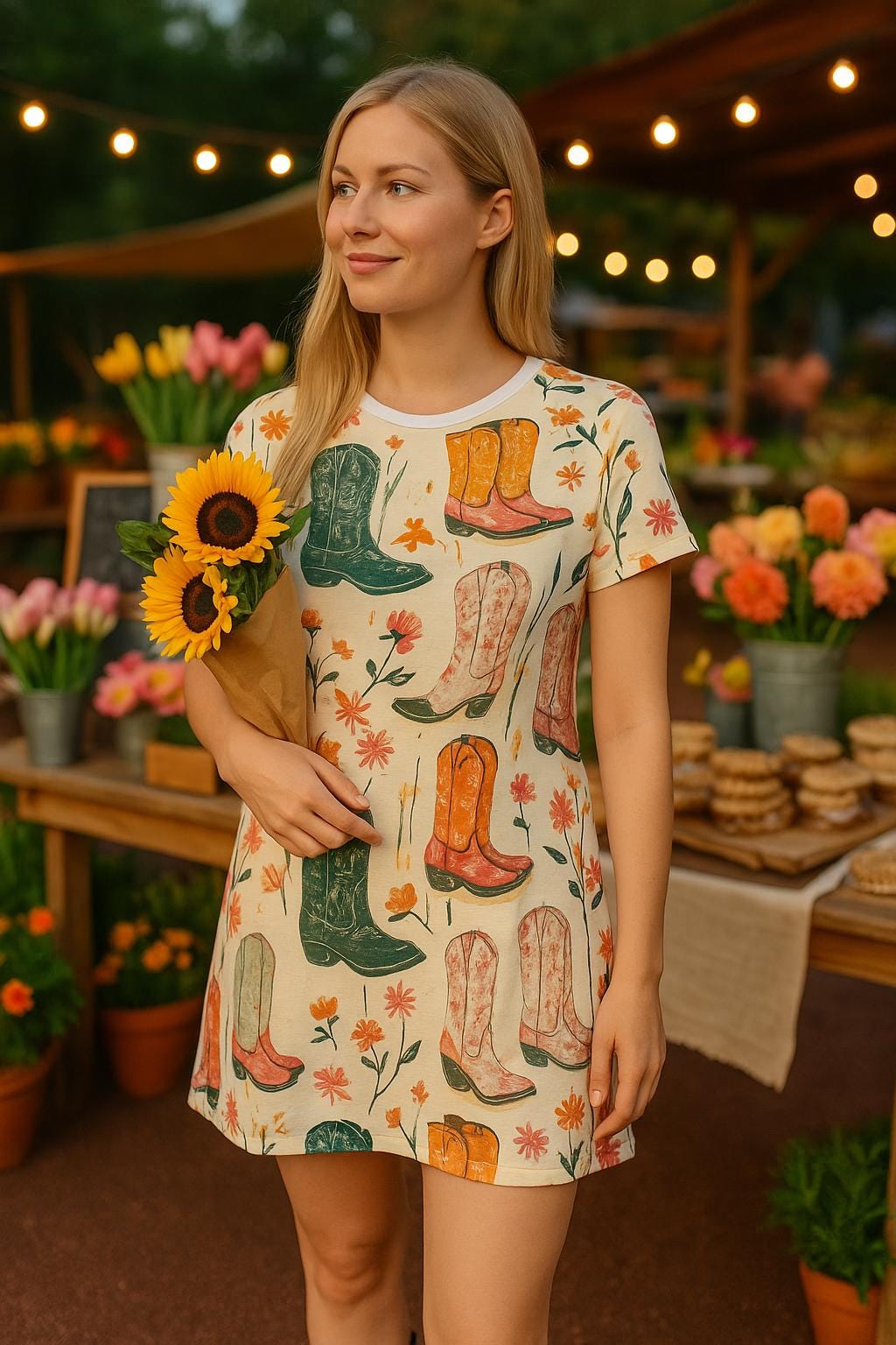 Floral Cowgirl Boots T-Shirt Dress - Western Boho Summer Casual Boot Print Dress for Women -Razels