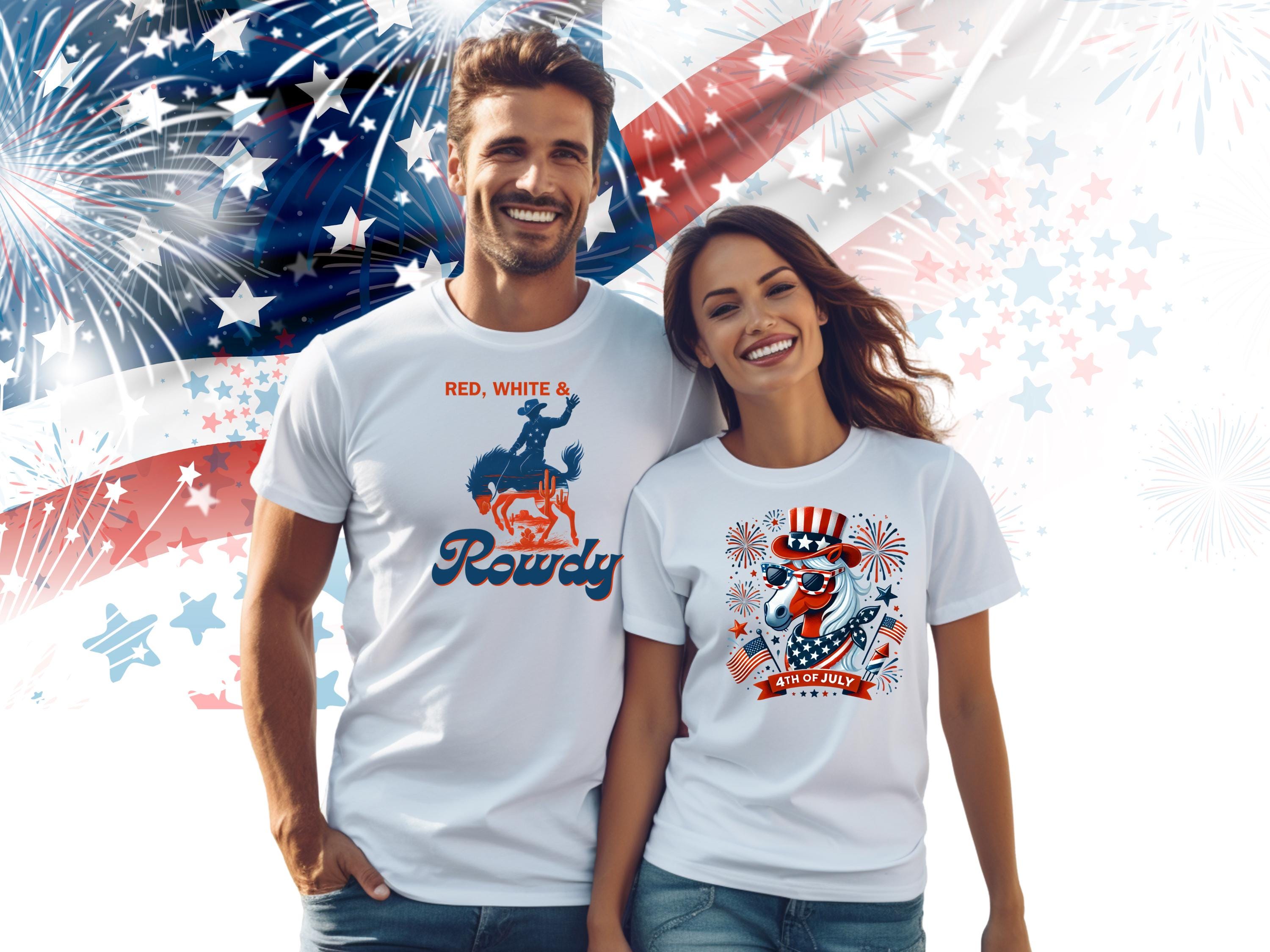 Patriotic Horse 4th of July T-Shirt, USA Independence Day Shirt | Unisex Softstyle Tee | Fireworks Uncle Sam Hat Graphic -Razels