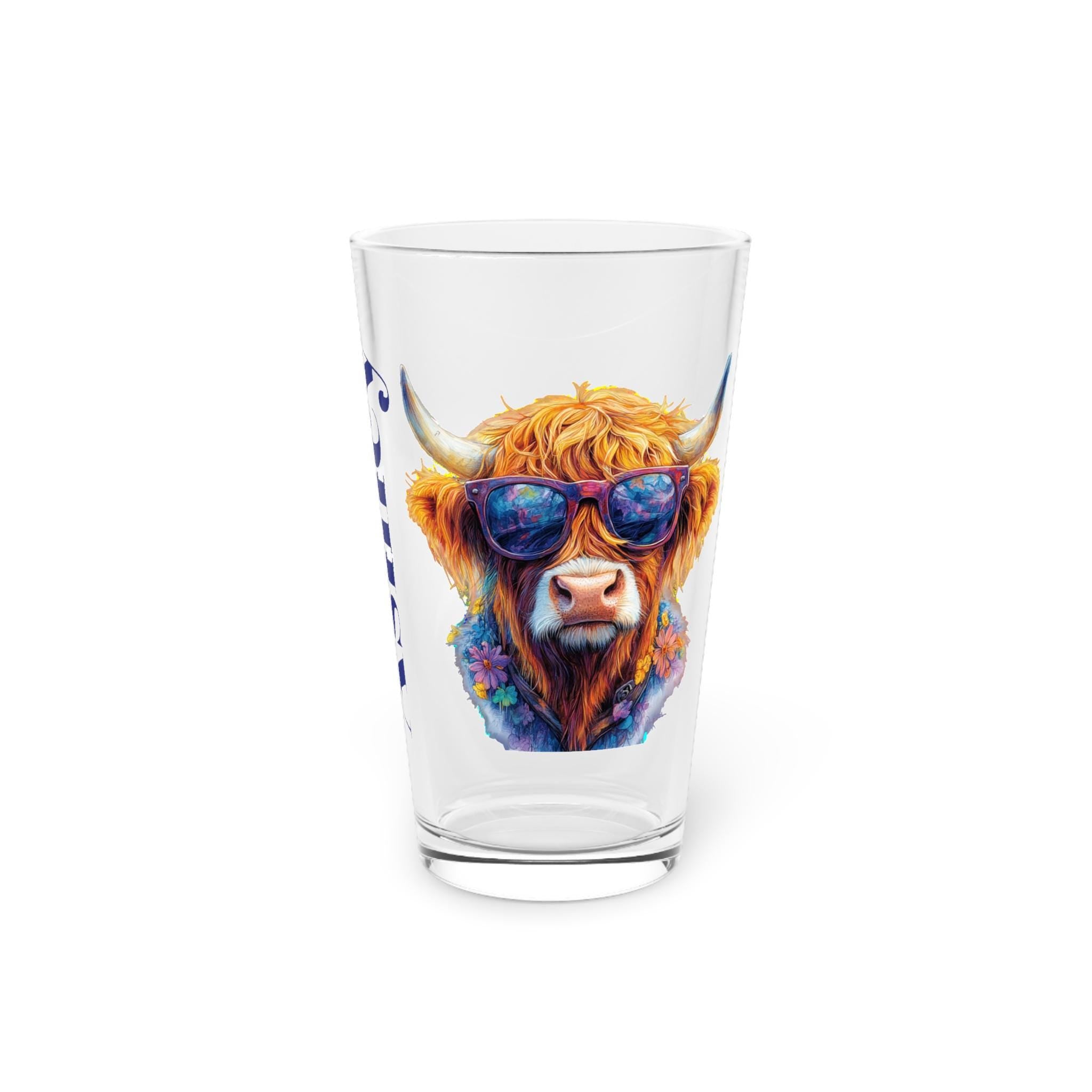 Personalized Highland Cow Pint Glass, Floral Cow with Sunglasses, Custom Name Glass, Cute Cowgirl Gift, Funny Beer Glass for Summer Parties -Razels