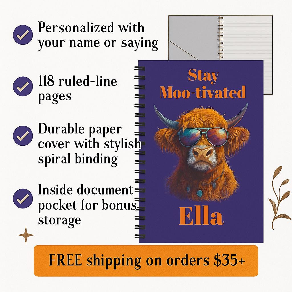 Personalized Highland Cow Notebook, Stay Moo-tivated Purple Spiral Journal -Razels