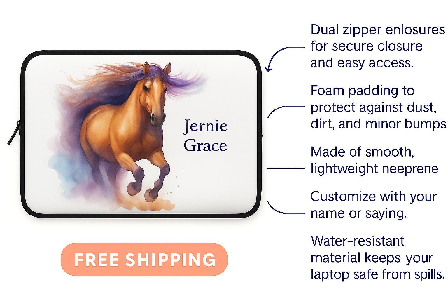 Horse Laptop Sleeve Personalized Waterproof Case, Custom Name Watercolor Horse Cover -Razels