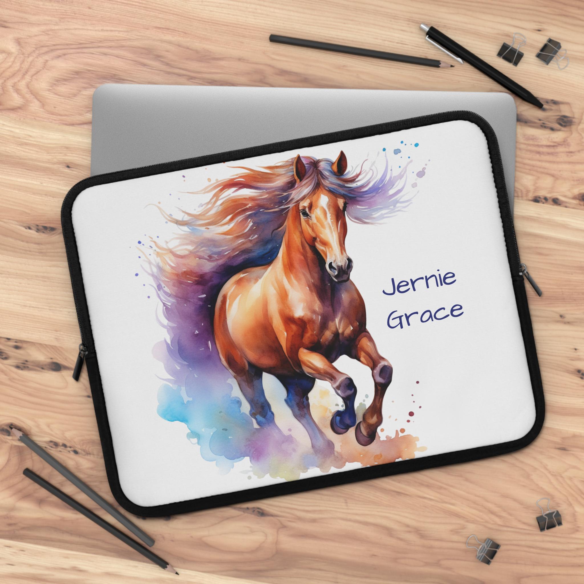 Horse Laptop Sleeve Personalized Waterproof Case, Custom Name Watercolor Horse Cover -Razels