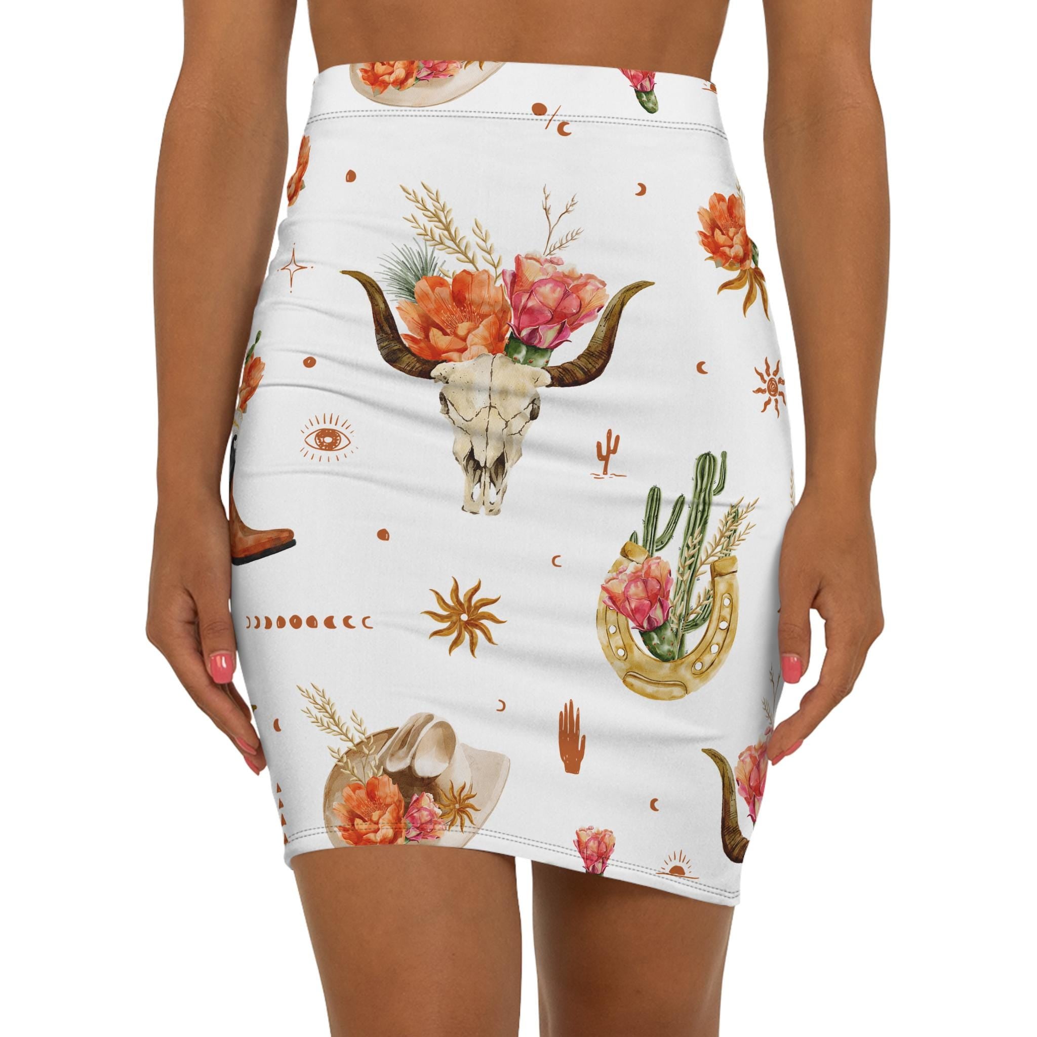 Boho Floral Pencil Skirt with Western Cowgirl Cactus & Steer Skull Print, Vintage Summer Bohemian Skirt for Women -Razels