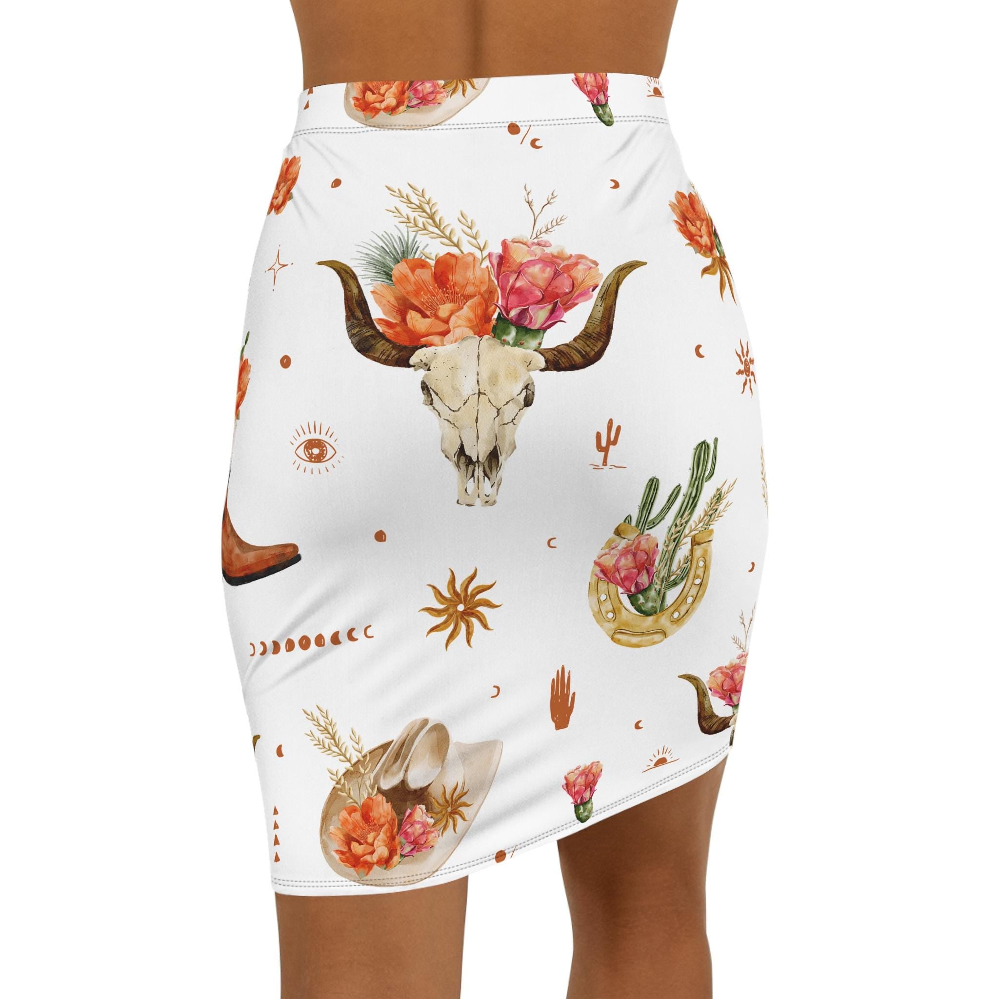 Boho Floral Pencil Skirt with Western Cowgirl Cactus & Steer Skull Print, Vintage Summer Bohemian Skirt for Women -Razels