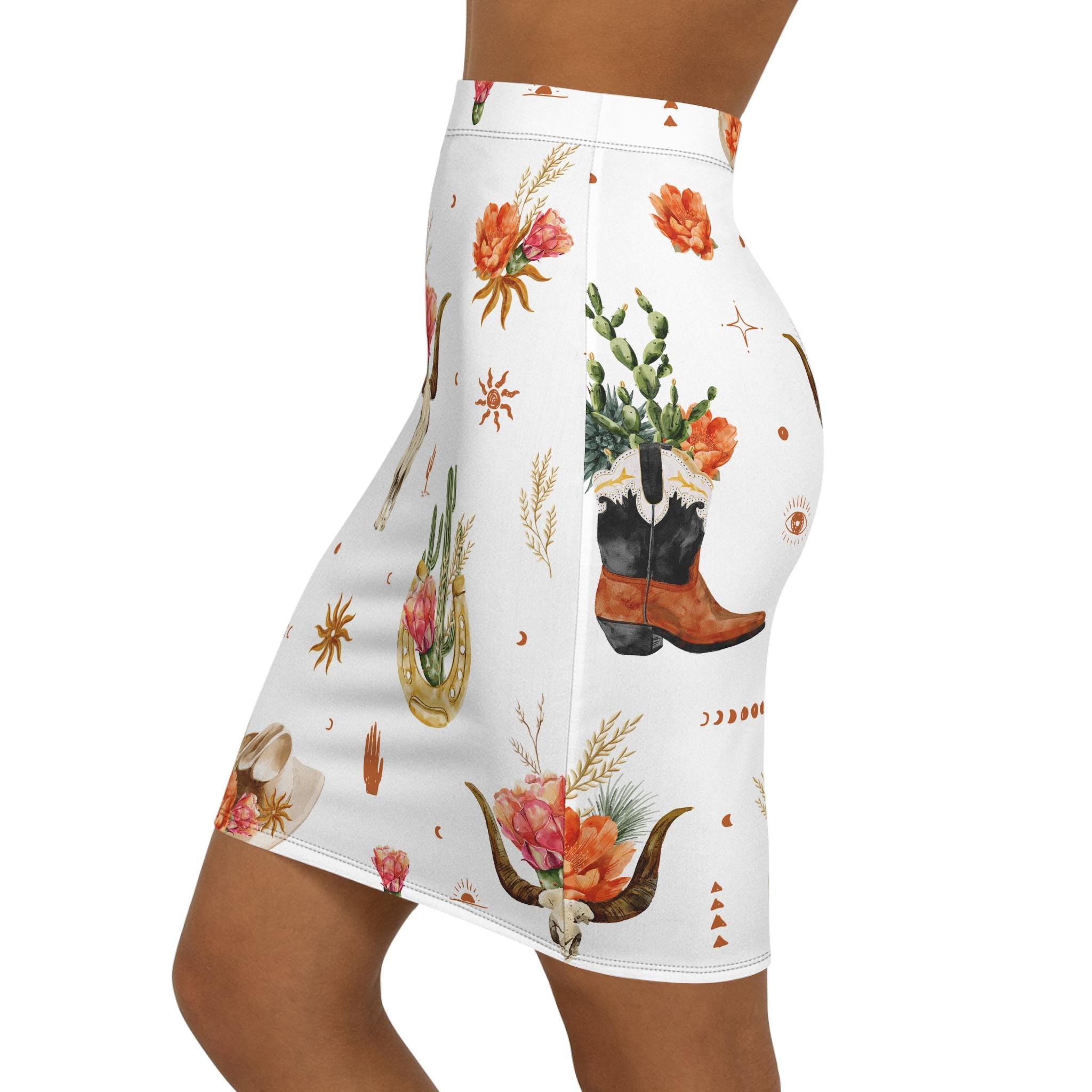 Boho Floral Pencil Skirt with Western Cowgirl Cactus & Steer Skull Print, Vintage Summer Bohemian Skirt for Women -Razels