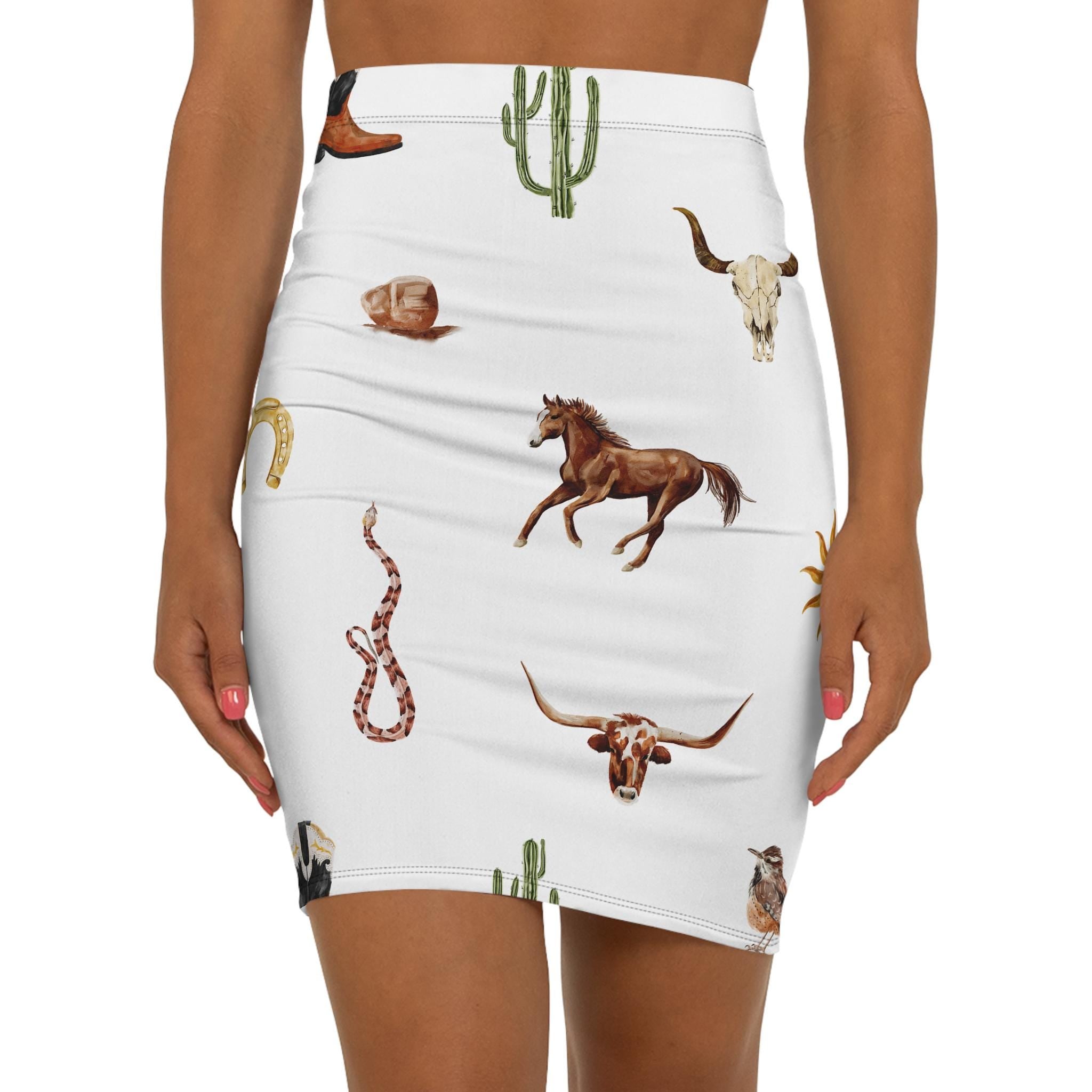 Western Pencil Skirt for Women Boho Cowgirl Summer Style with Horses Snakes & Cactus Western Outfit -Razels